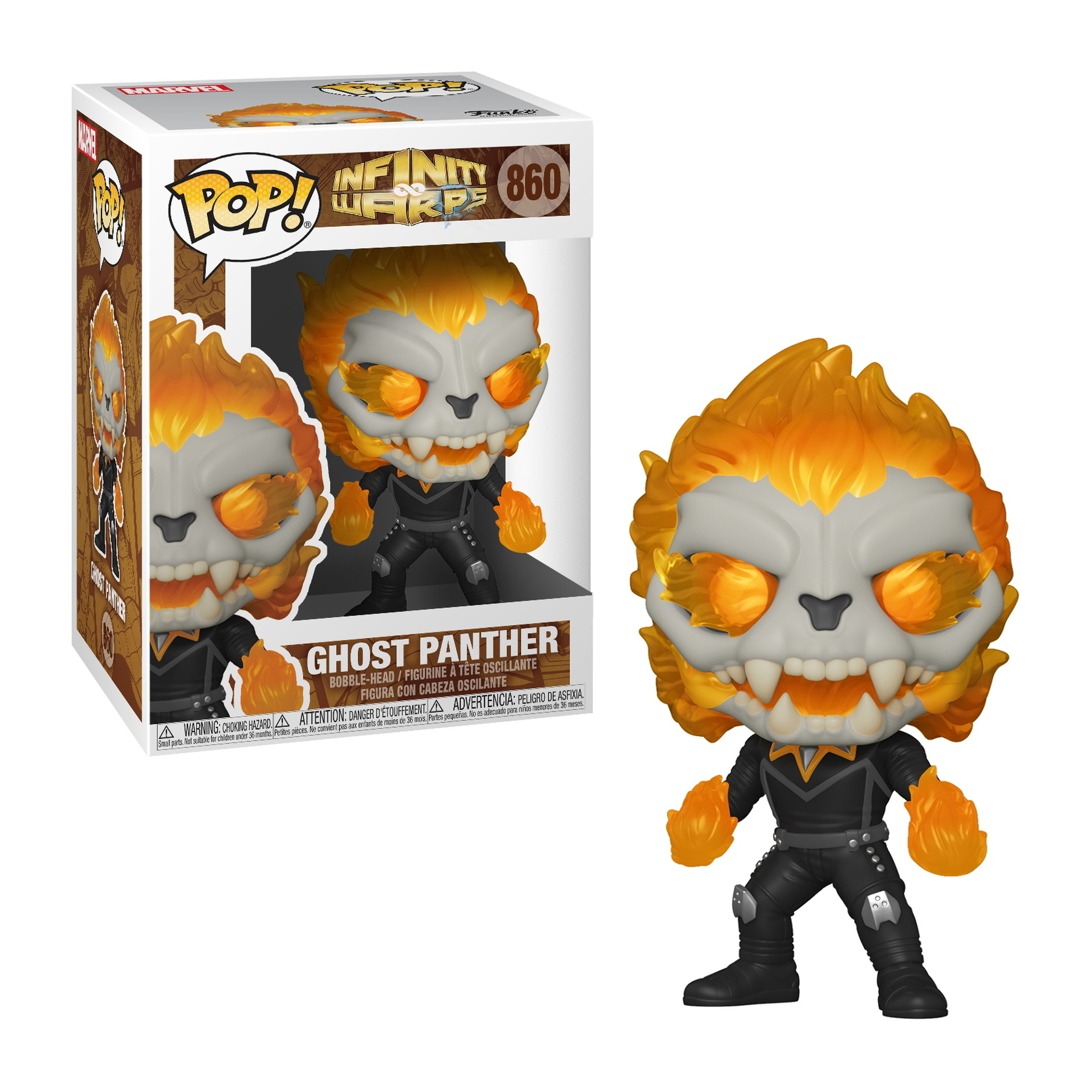 Figura Funko Pop! de Ghost Panther con cabeza de calavera en llamas y traje negro, junto a la caja.