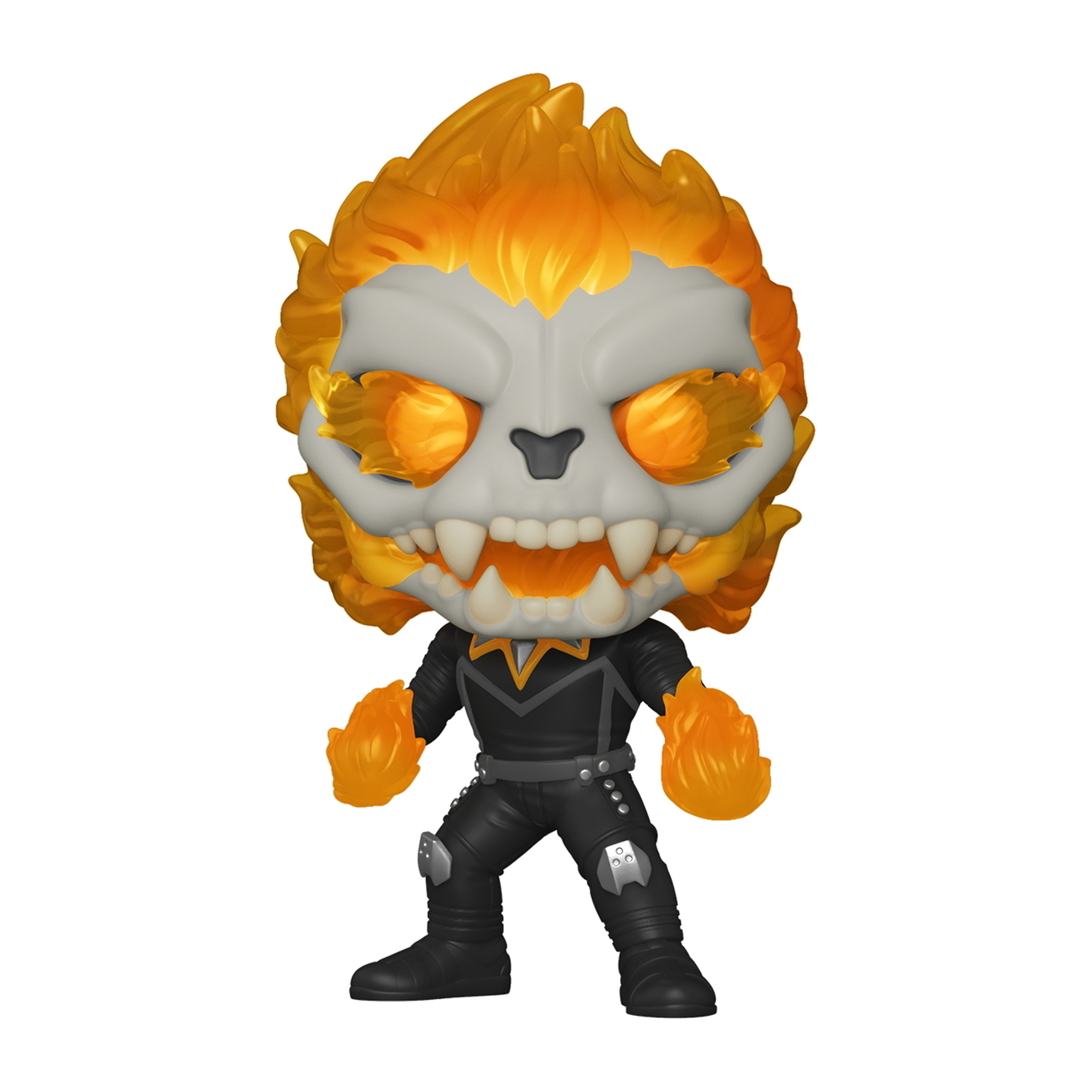 Una figura de Ghost Rider con llamas, vistiendo un traje negro.
