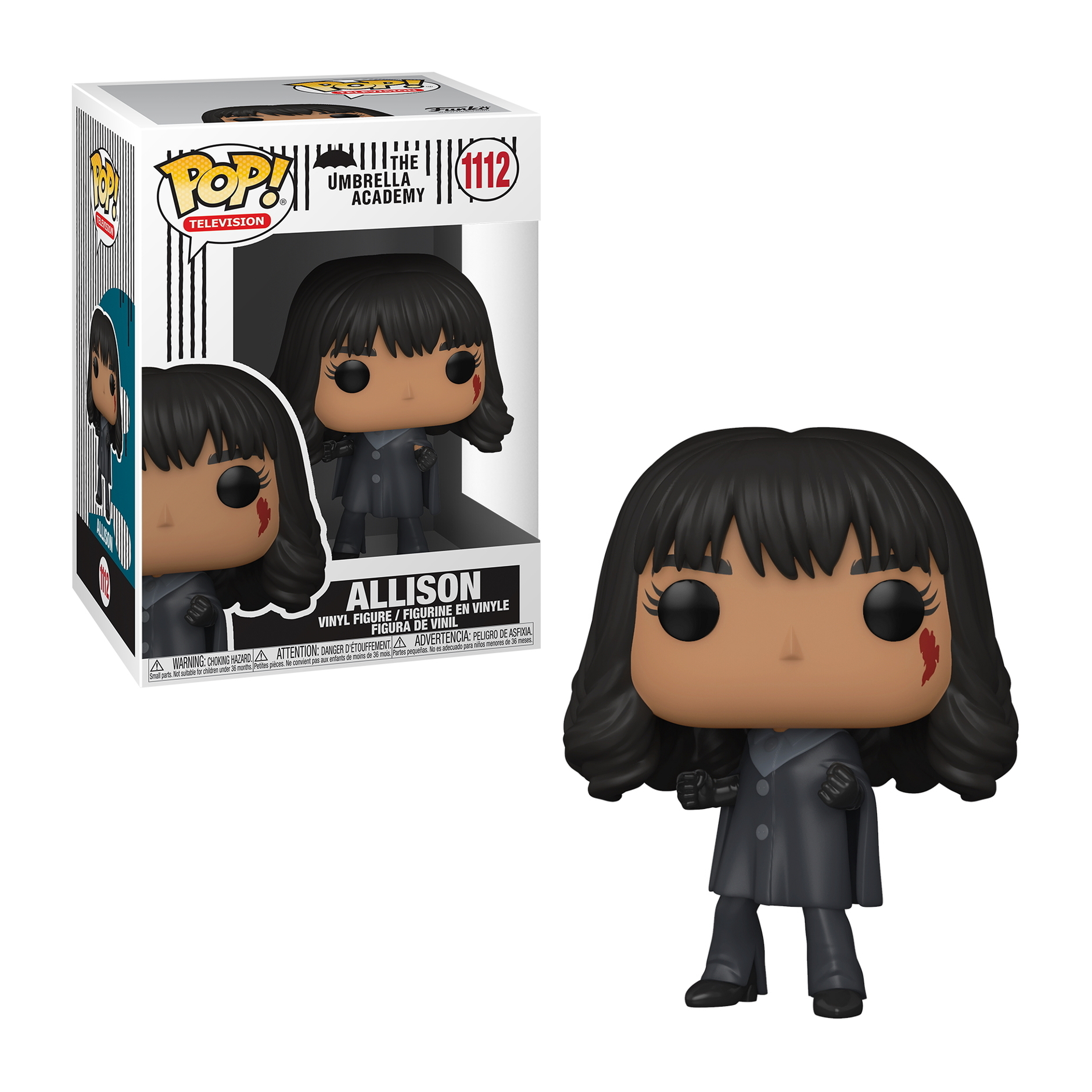 Figurka Funko Pop Allison Hargreeves w czarnym płaszczu z czerwonym policzkiem.