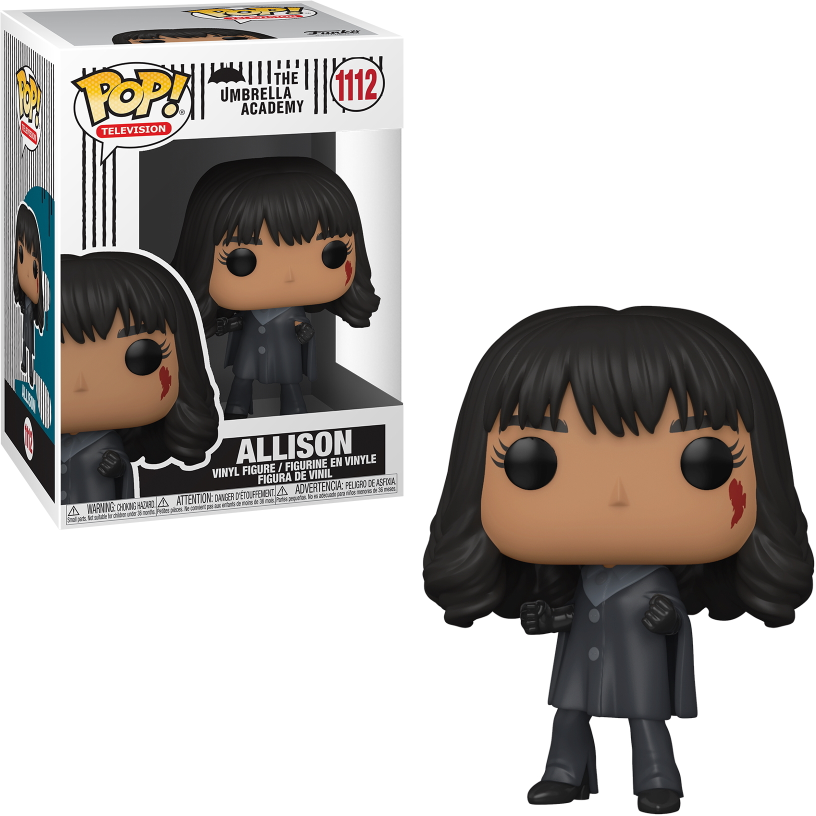 Figurka Allison Funko Pop z The Umbrella Academy, w szarym płaszczu z krwawym śladem na twarzy.