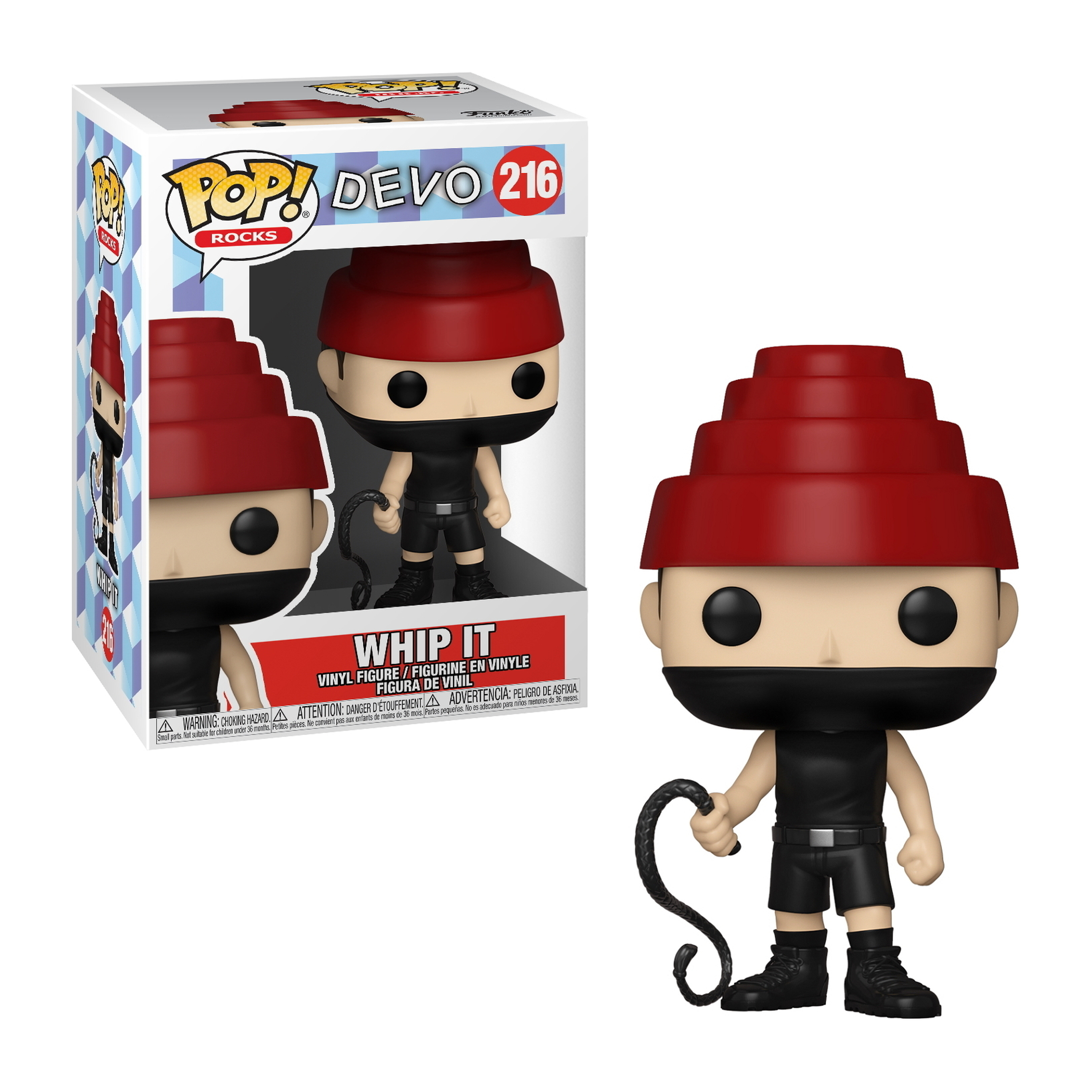 Funko Pop! Devo Figur mit rotem Hut, schwarzem Outfit, Peitsche. Verpackt.