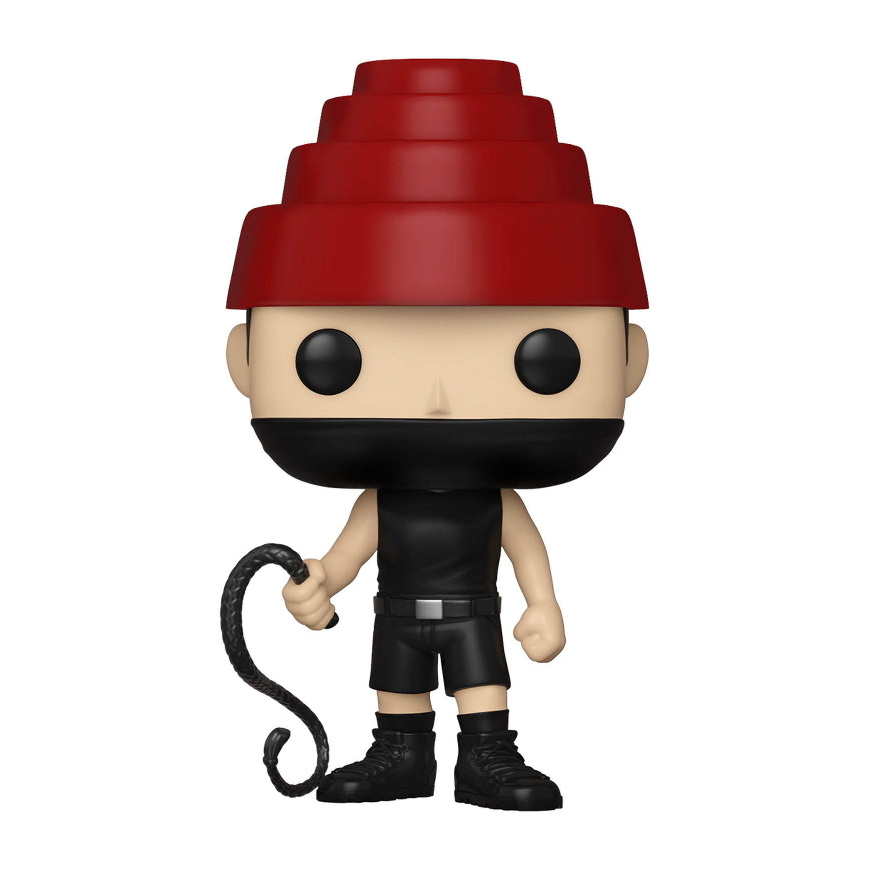 Eine Funko Pop Figur, ein Mann mit rotem Hut, schwarzem Outfit und Peitsche haltend.