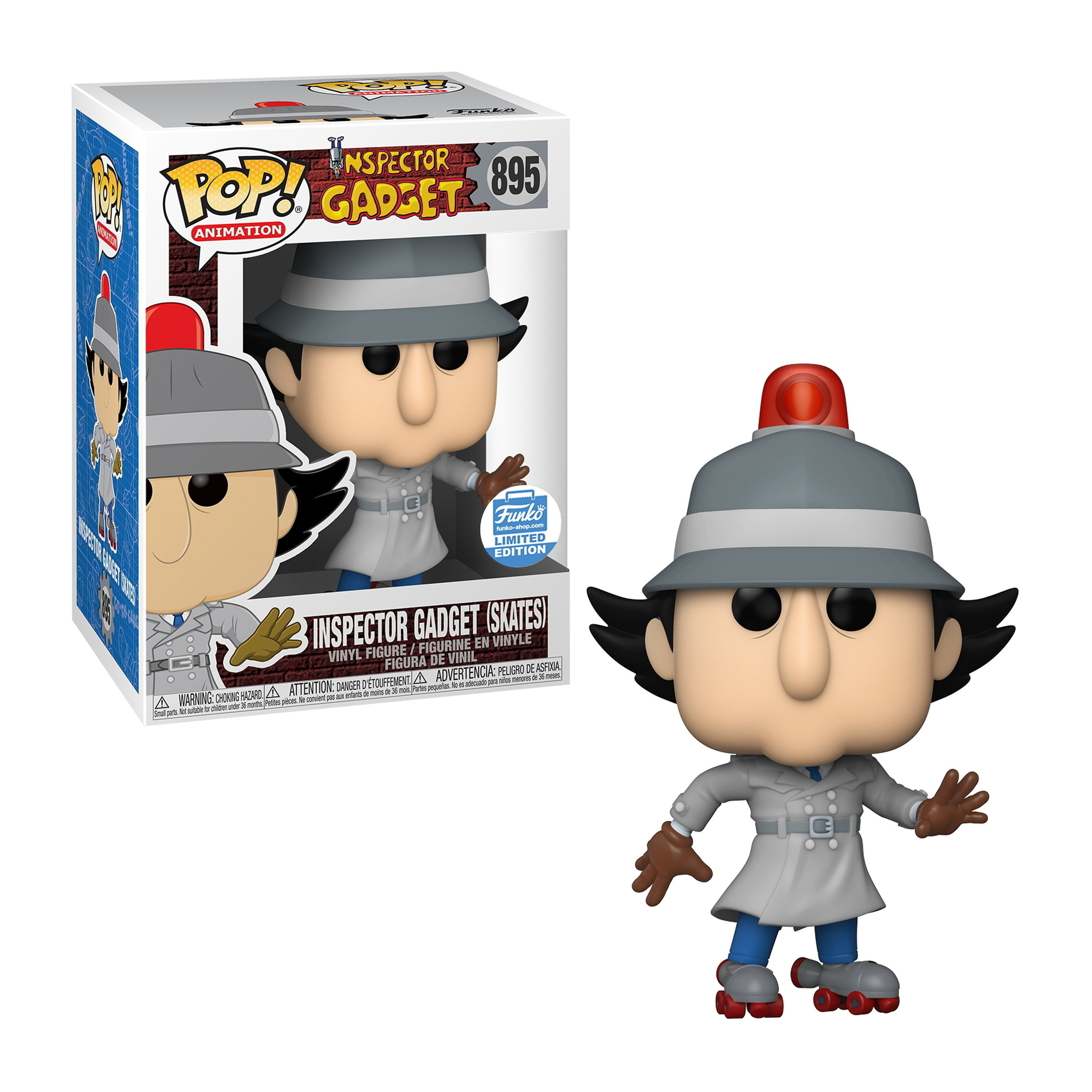 Funko Pop-Figur von Inspector Gadget (Skates), trägt Trenchcoat, Rollschuhe und Licht auf dem Kopf.