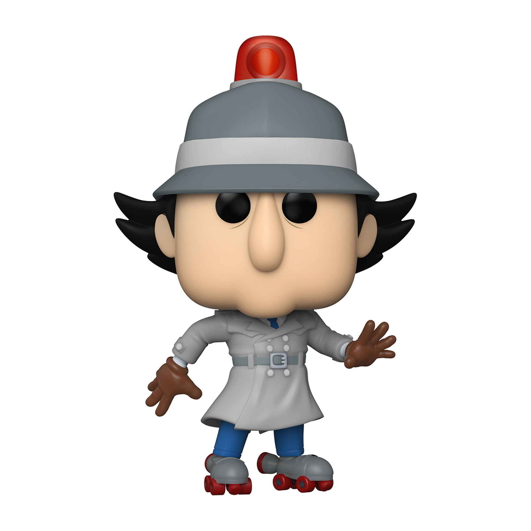Funko Pop Figur von Inspector Gadget, in grauem Mantel und Hut, Rollschuhe.