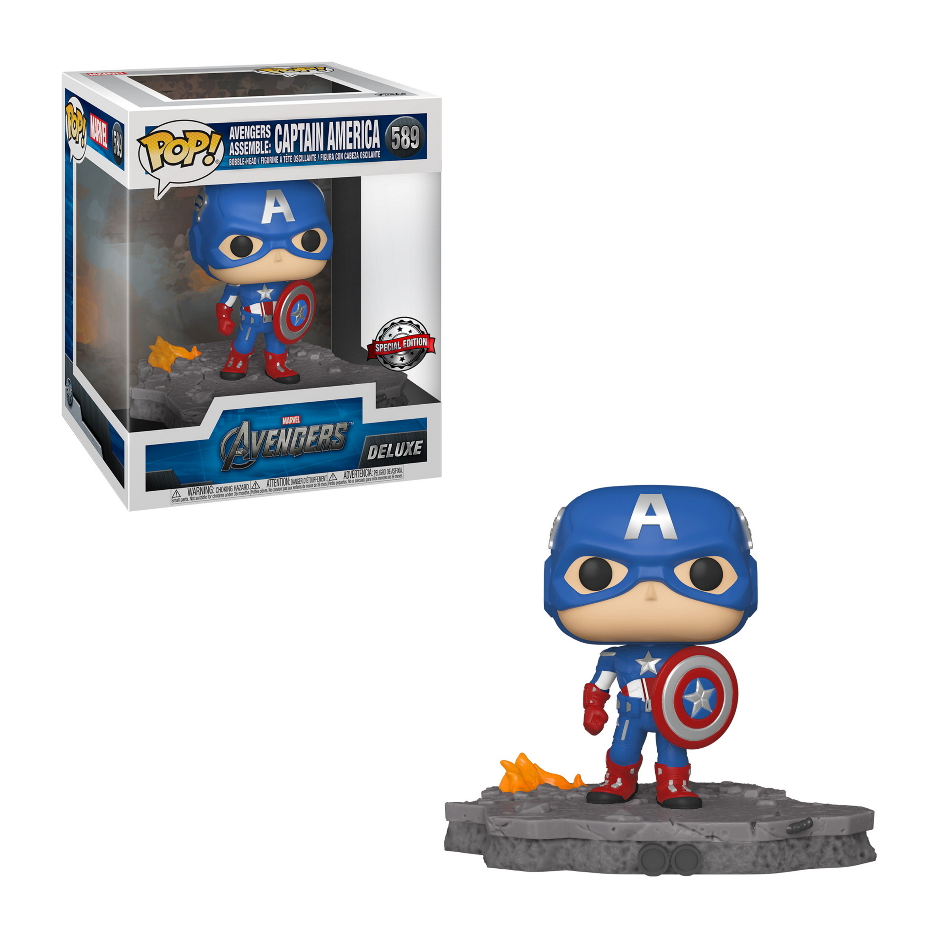 Figura de Capitán América con escudo, en azul y rojo, sobre base gris.