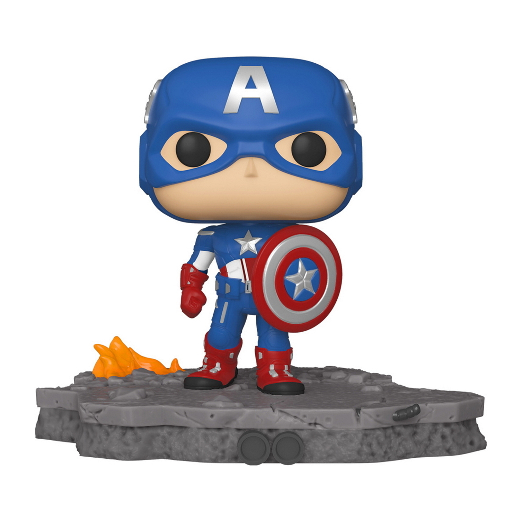 Figura del Capitán América con escudo y casco. Lleva un traje azul y está sobre una base gris.
