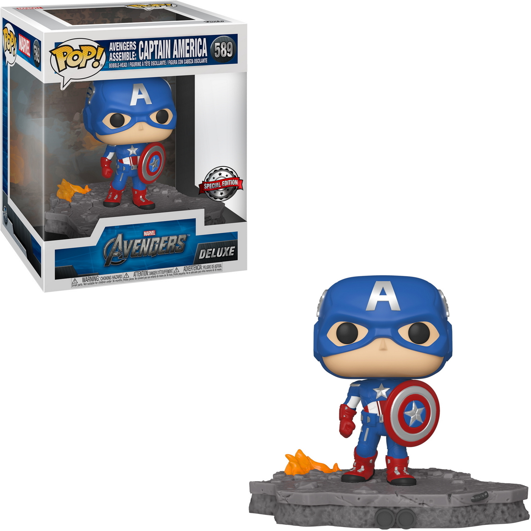 Figura de Capitán América con traje azul, escudo y casco. Base gris. Caja con imagen al lado.
