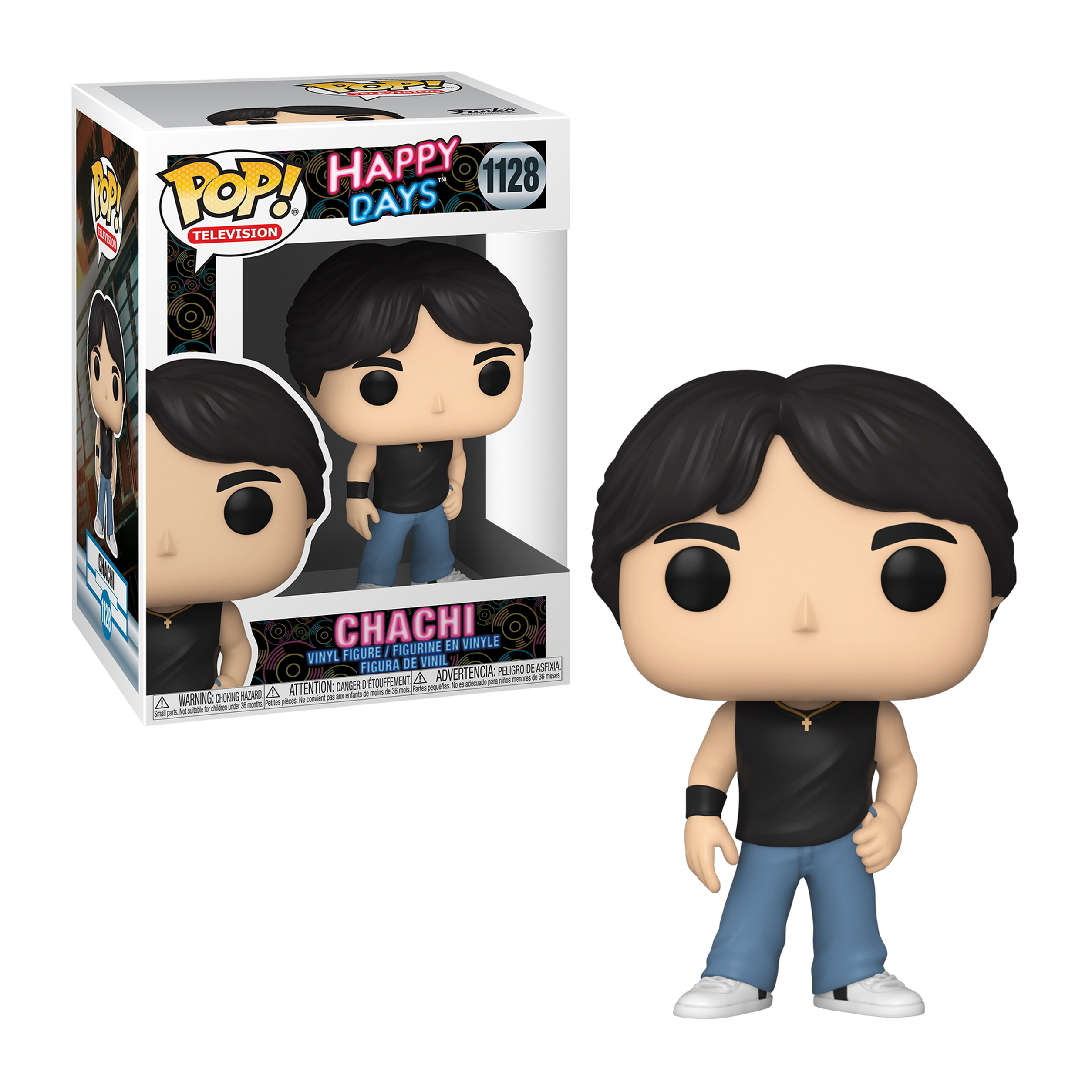 Chachi Funko Pop Figur, trägt schwarzes Hemd, blaue Jeans und weiße Schuhe.