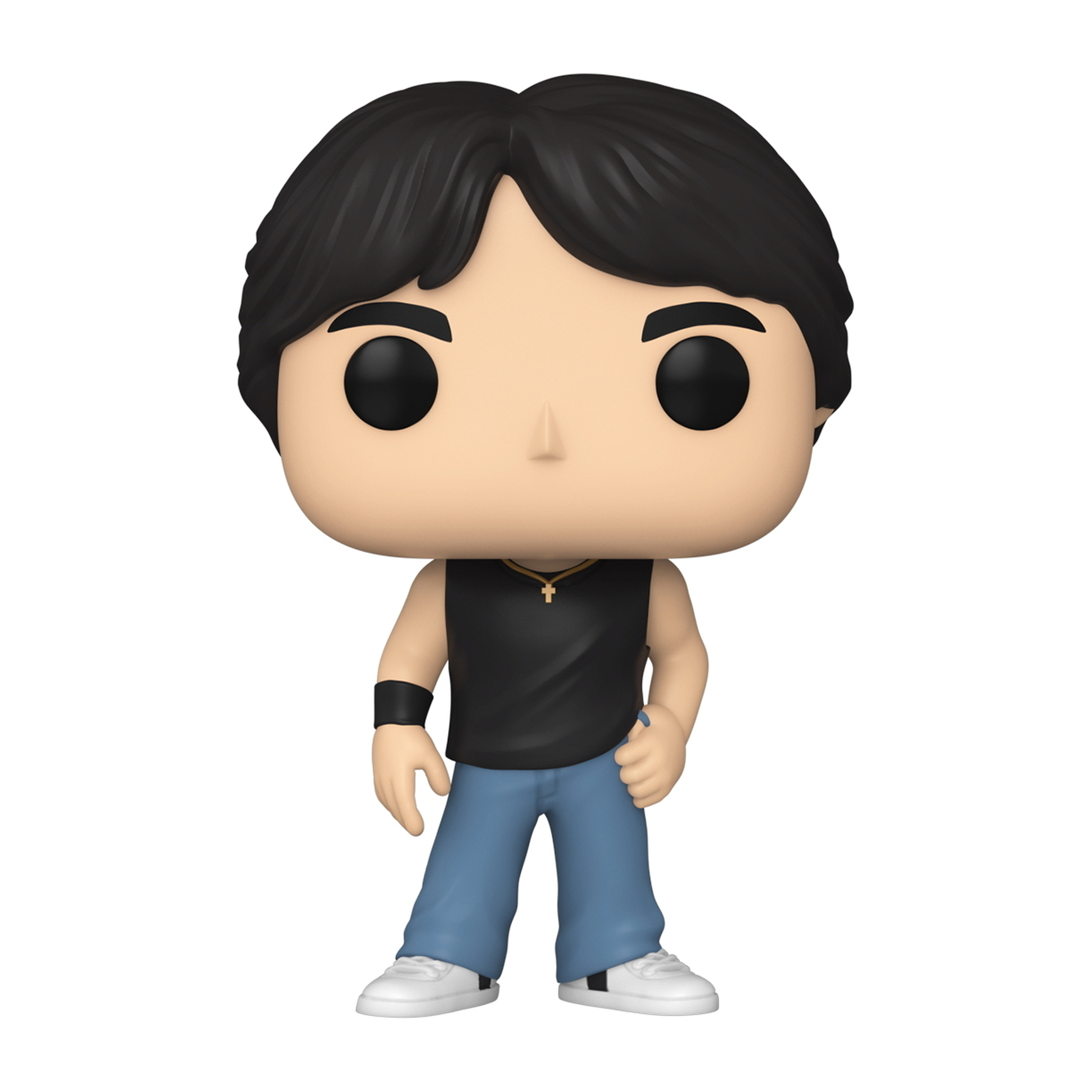 Eine Funko Pop Figur eines Mannes mit schwarzem Tanktop, blauer Jeans und weißen Schuhen.