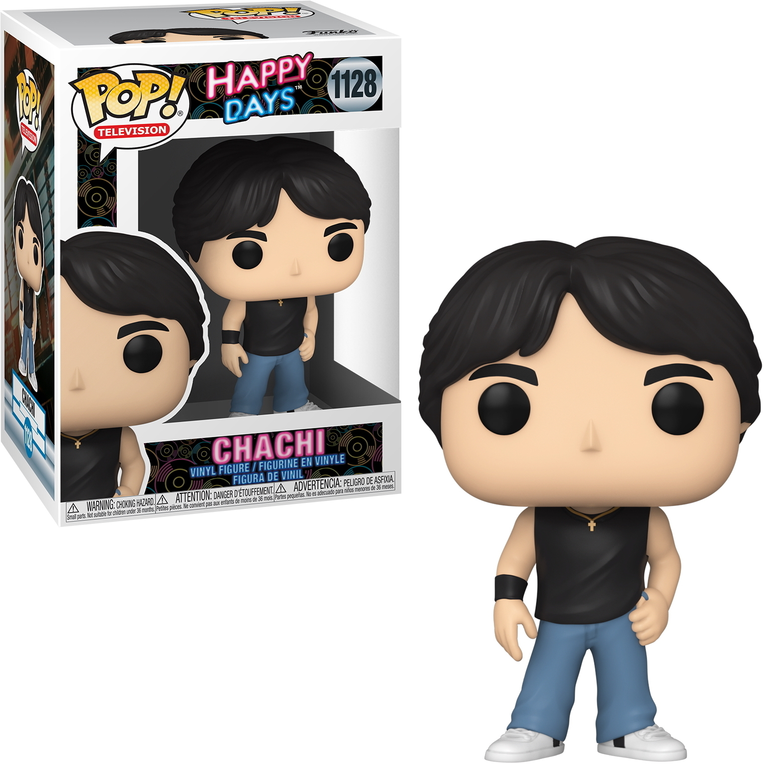 Chachi Pop-Figur mit schwarzen Haaren, trägt ein schwarzes Hemd und Jeans.