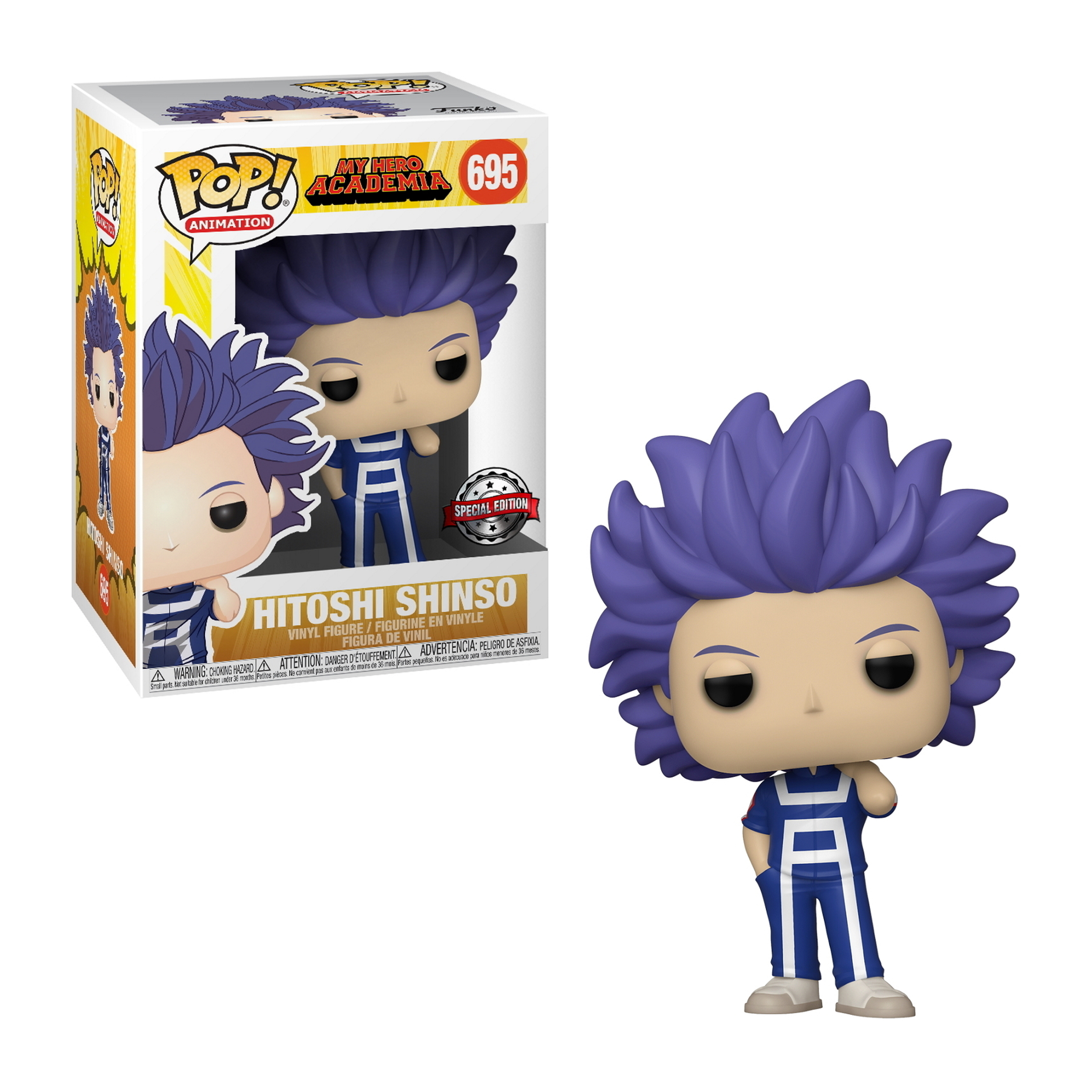 Hitoshi Shinso Figur, lila Haare, trägt eine blaue Uniform. Box-Art zeigt die Figur, mit