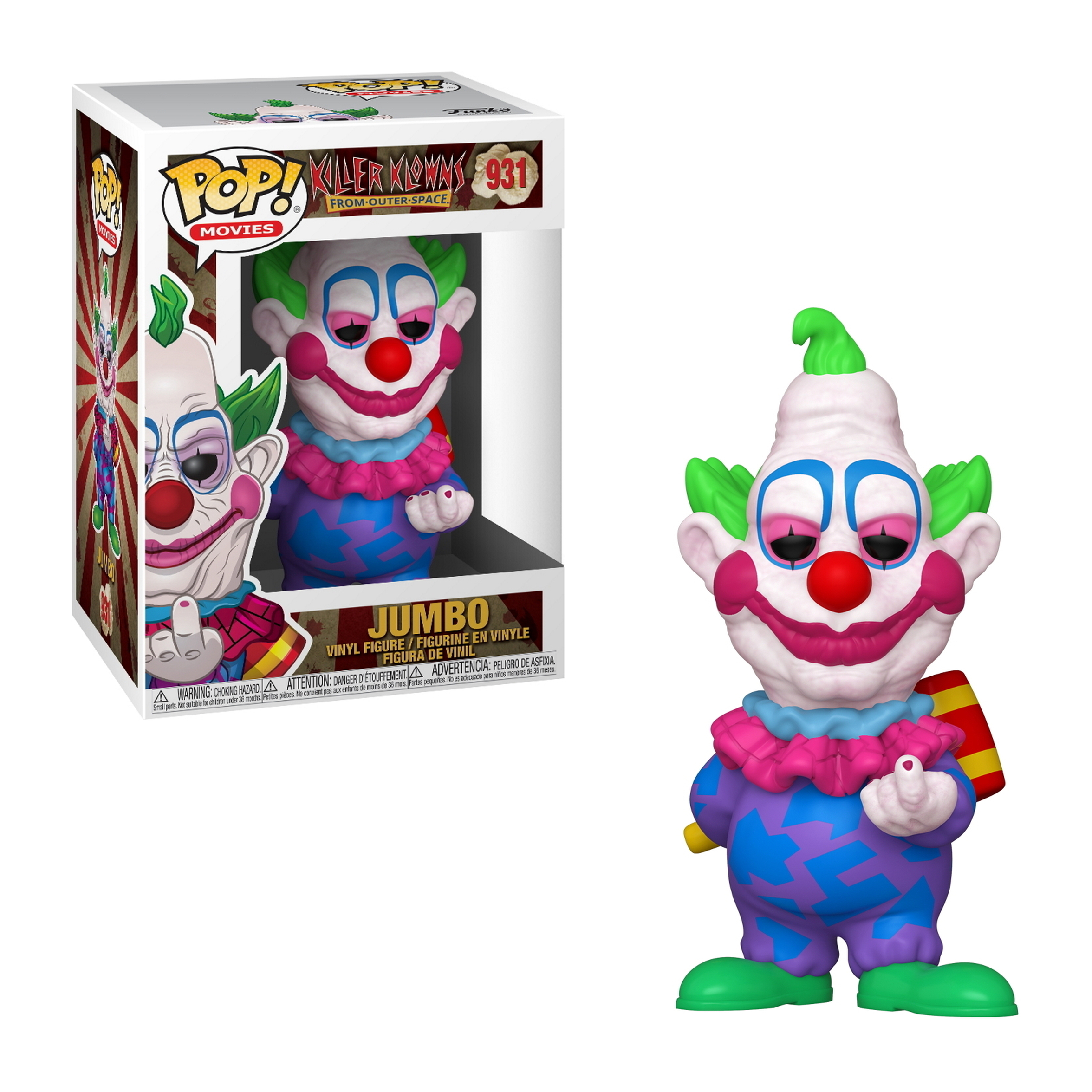 Funko Pop klauna z zielonymi włosami, białą twarzą i fioletowo-niebieskim strojem.