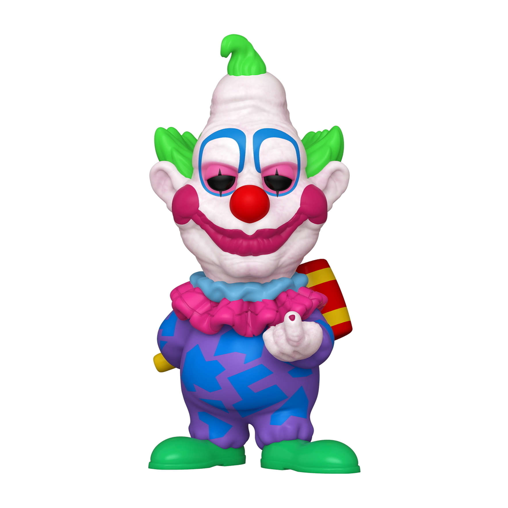 Figurka klauna z czerwonym nosem i zielonymi włosami. W kolorowym stroju, trzymająca młotek.