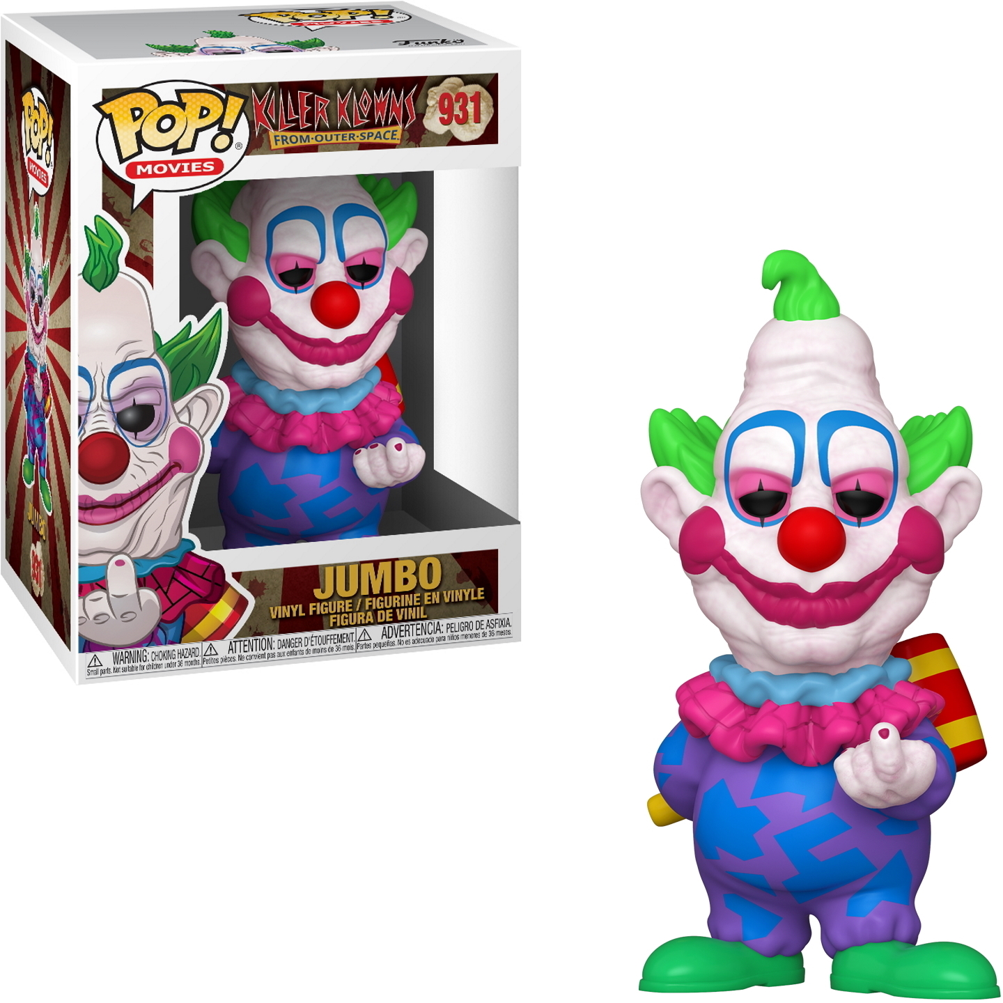 Figurka Funko Pop Jumbo klauna, w kolorowym kostiumie, trzymająca młotek. Pudełko w zestawie.