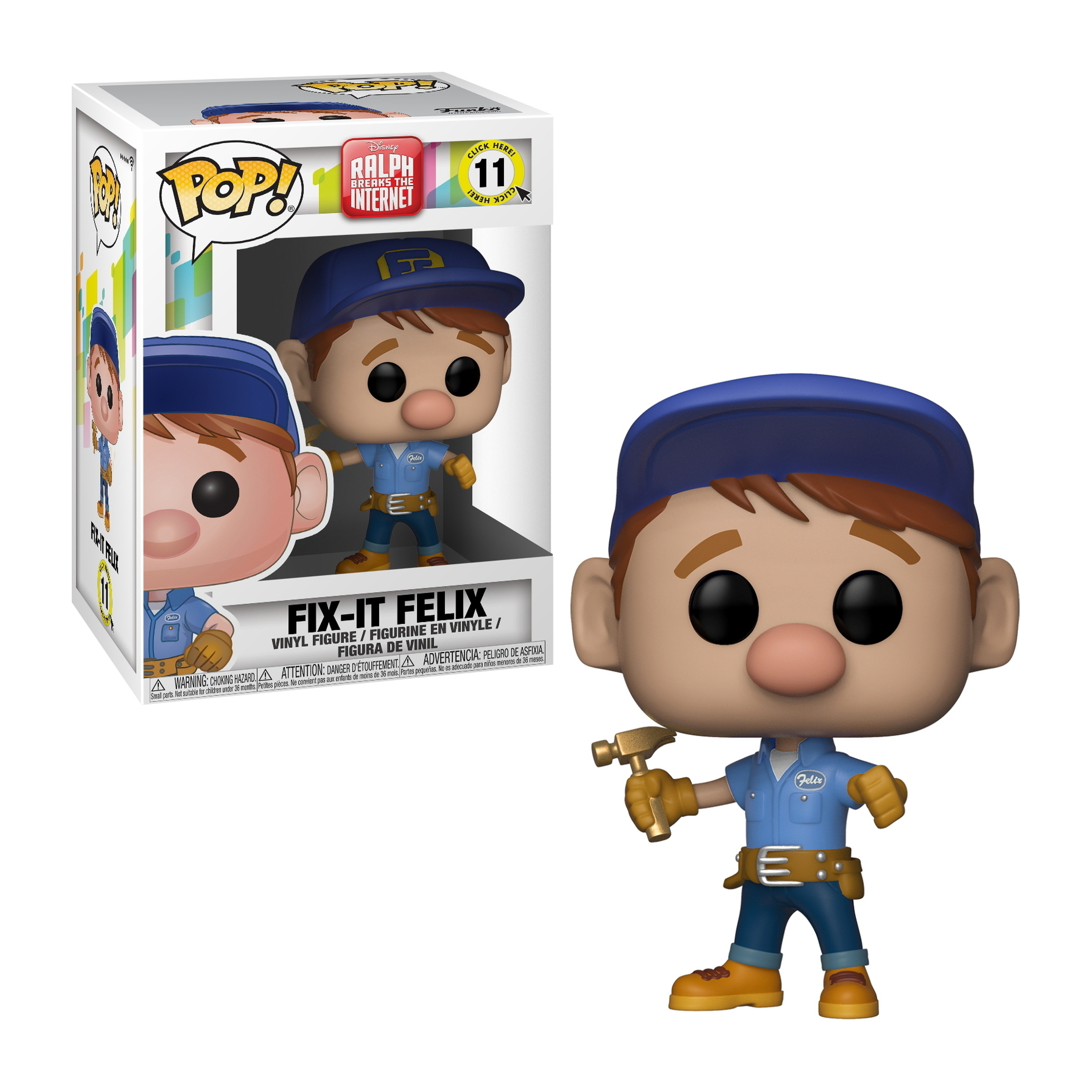 Funko Pop! Fix-It Felix con martello, uniforme blu, scatola presente.