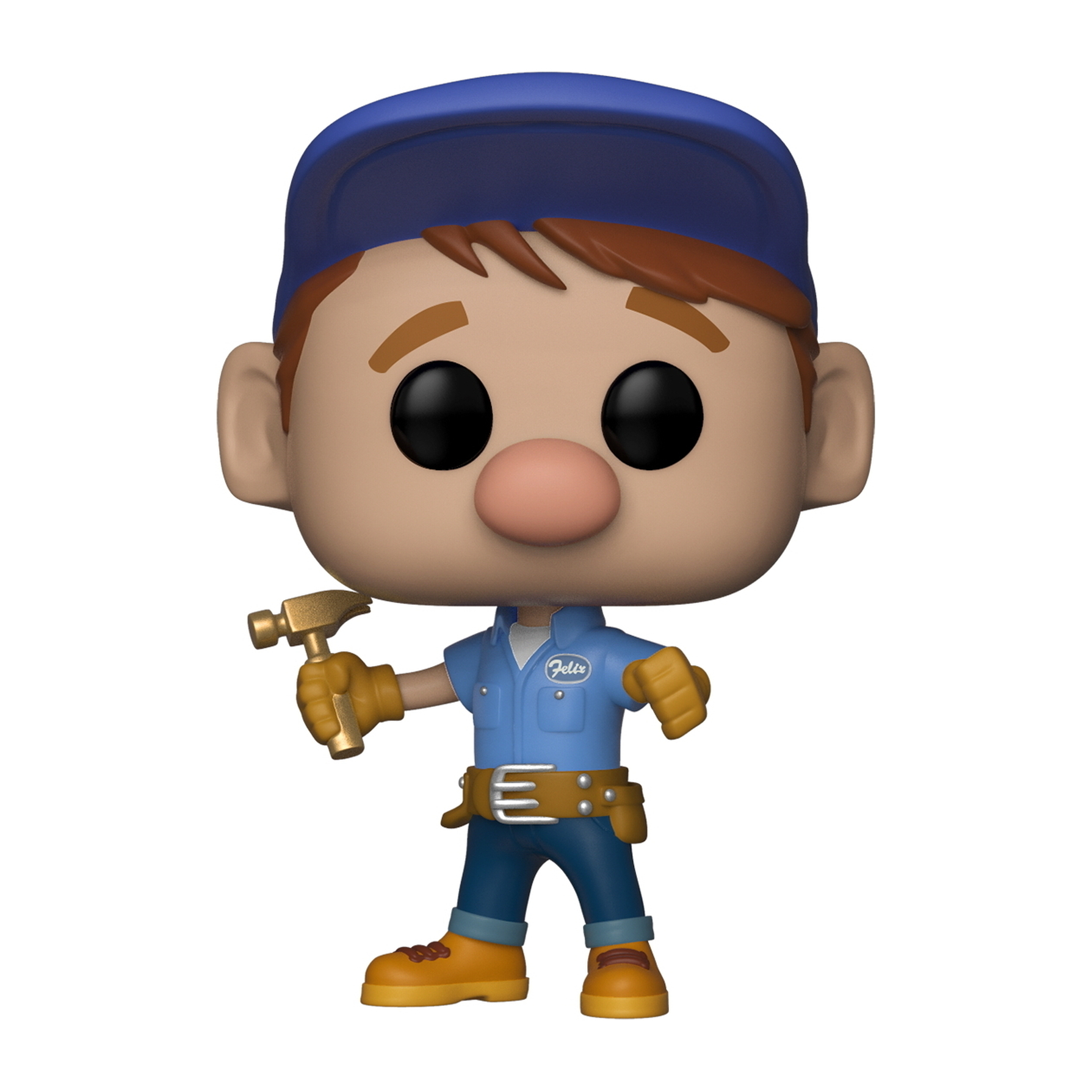 Figura Funko Pop di Fix-It Felix Jr., con martello, camicia e berretto blu, e jeans.