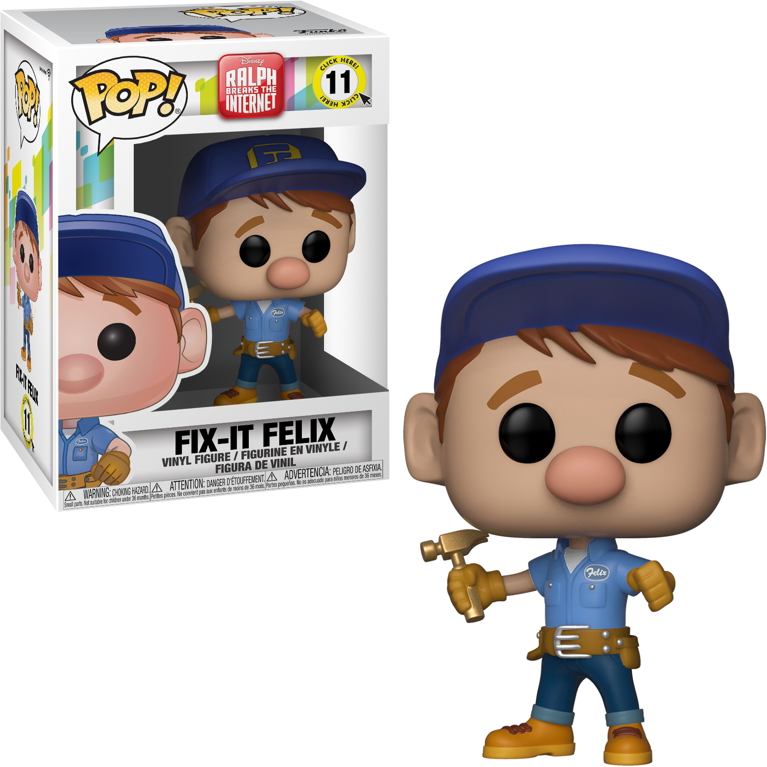Figura di Fix-It Felix con uniforme blu, un martello e una scatola.