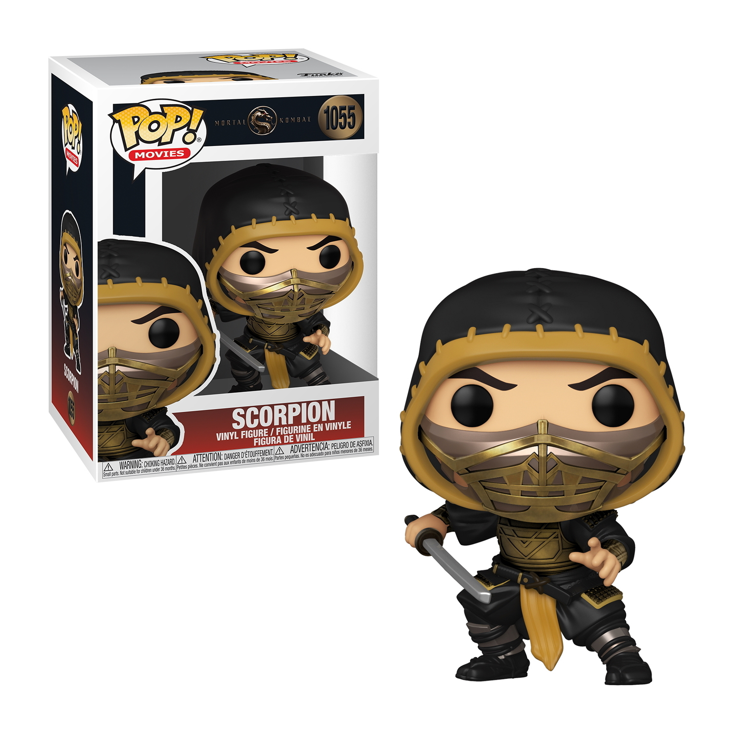 Funko Pop Figur von Scorpion aus Mortal Kombat, Schwert haltend, mit Box links.