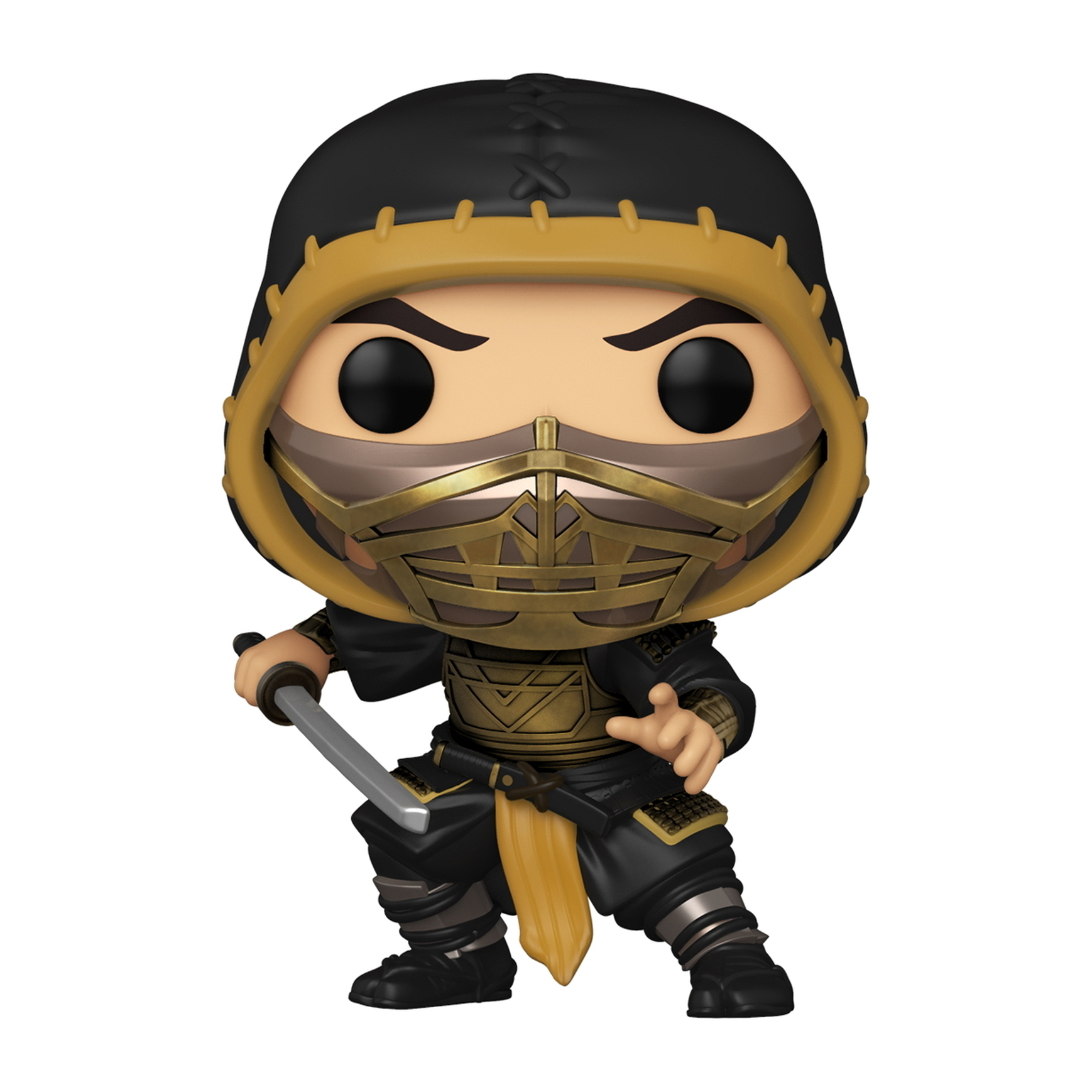 Scorpion Mortal Kombat Funko Pop Figur, trägt ein schwarz-goldenes Outfit mit Maske.