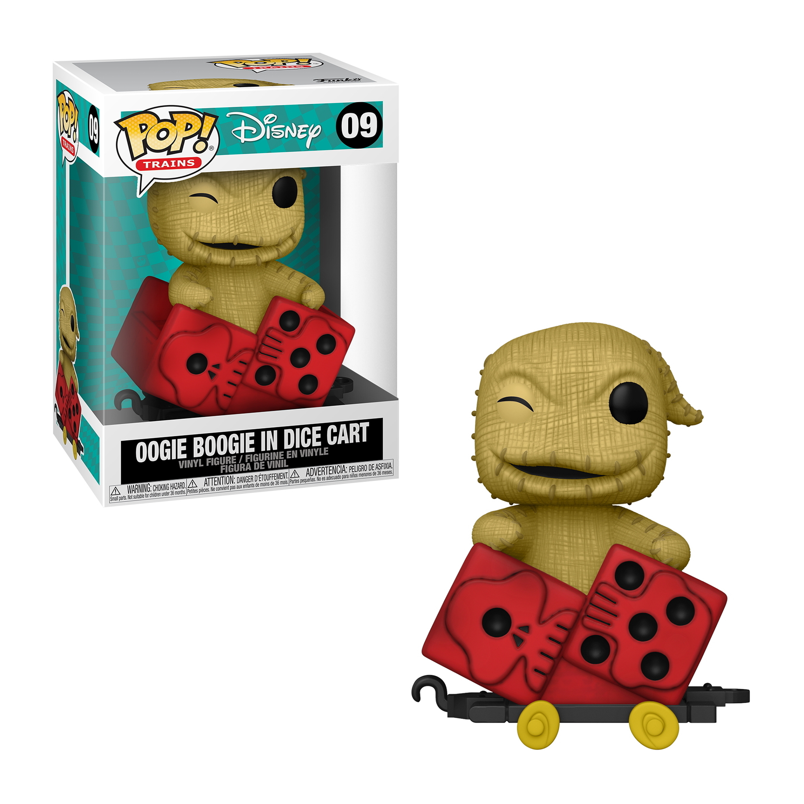 Oogie Boogie in einem W ürfelwagen Funko Pop. Er sitzt in einem roten Würfelwagen. Er zwinkert. Der Wagen hat Totenkopf-Würfel.