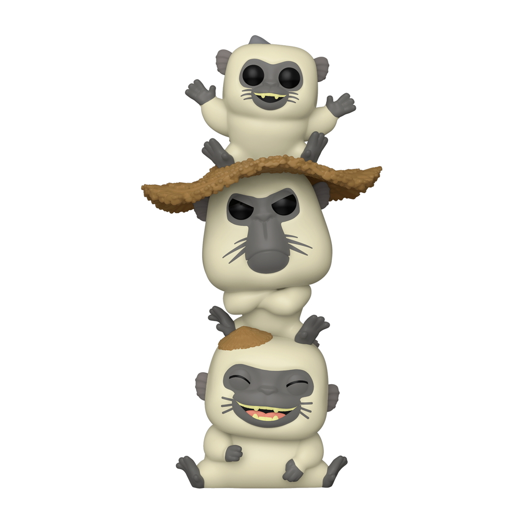 Drei weiße Affen Funko Pop Figuren. Einer auf dem anderen, mit Strohhut, mit lächelndem Gesicht.