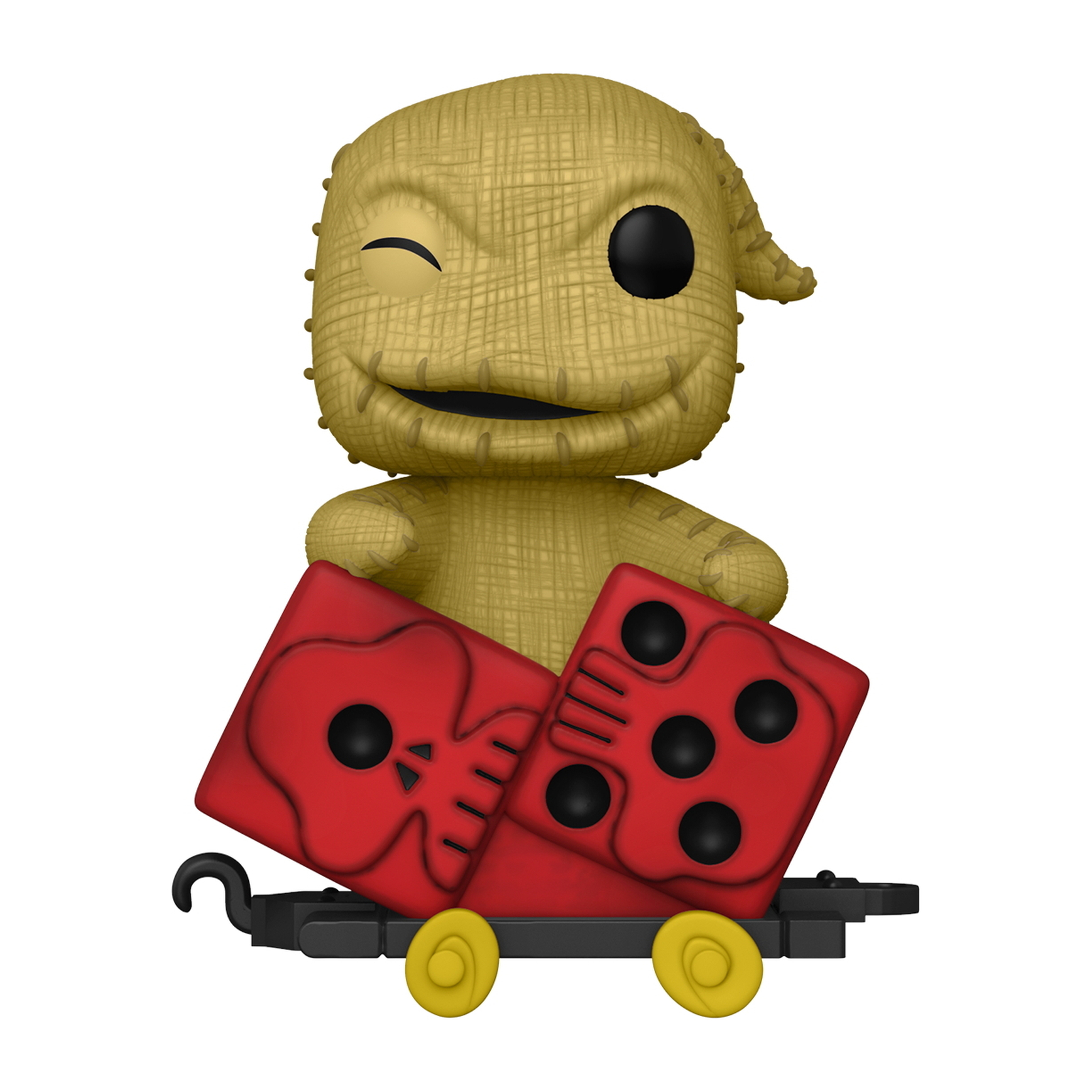 Oogie Boogie Funko Pop Figur auf einem roten Zug. Die Figur zwinkert.