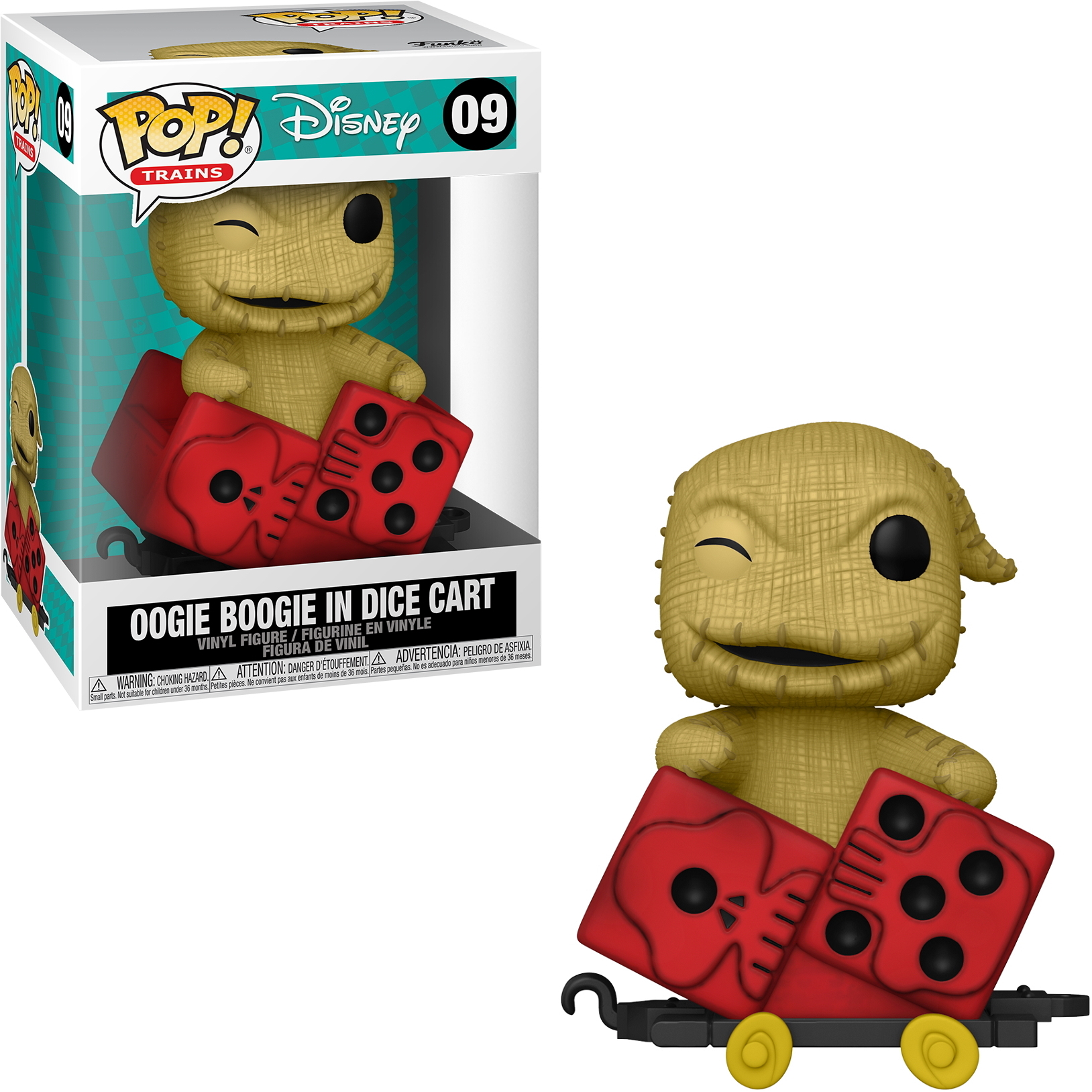 Oogie Boogie in einem Würfelwagen. Die Figur zwinkert. Es ist ein Funko Pop.