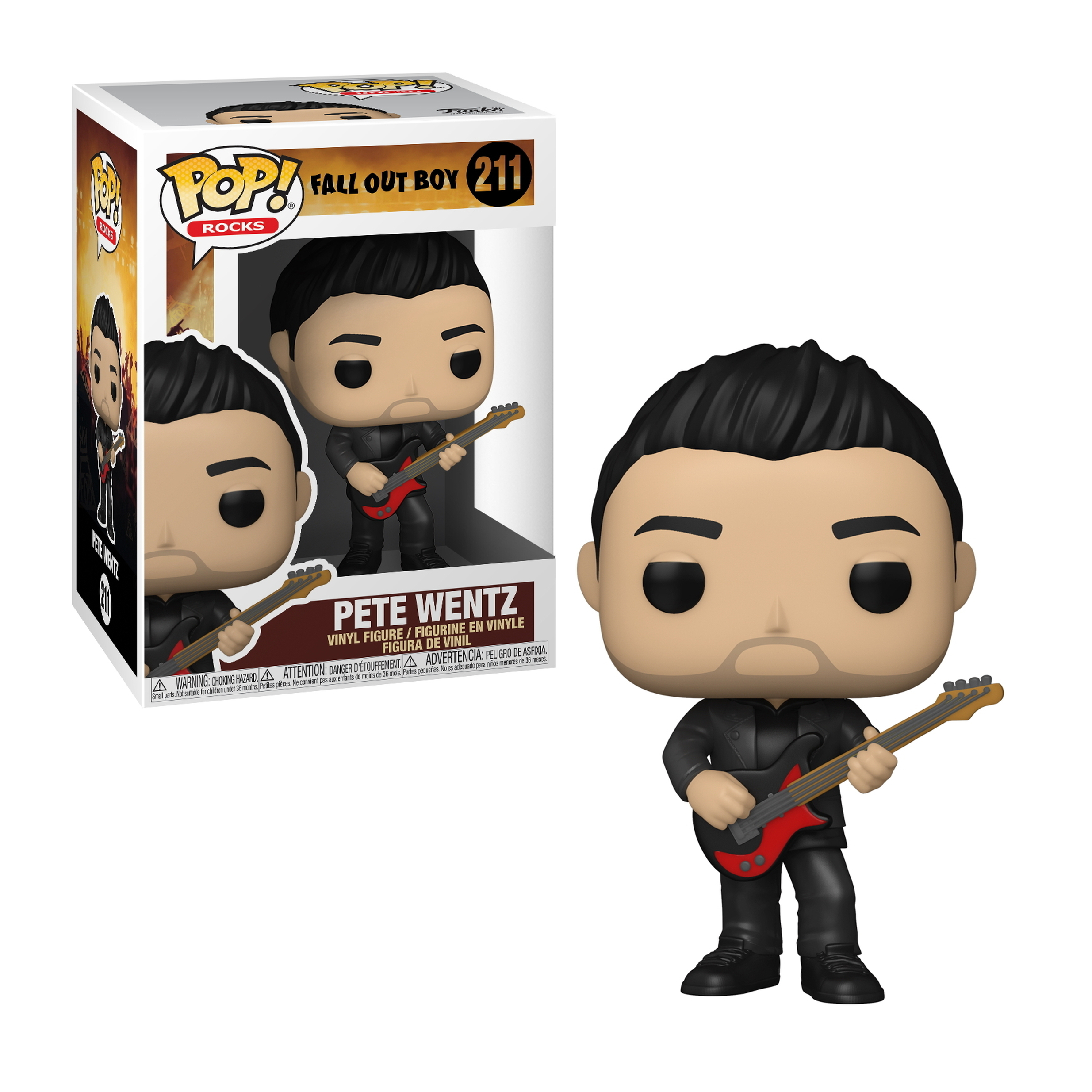 Pete Wentz Figur mit roter Gitarre, in einer Box. Trägt ein schwarzes Outfit. Kurze schwarze Haare.