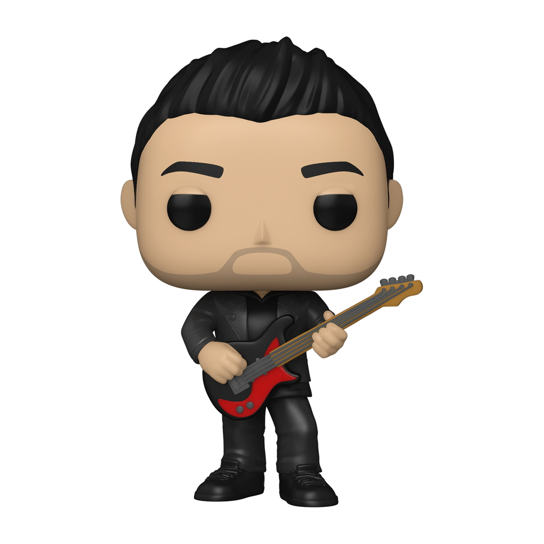 Eine Funko Pop Figur eines Mannes, der eine schwarz-rote Gitarre hält. Er trägt einen schwarzen Anzug.