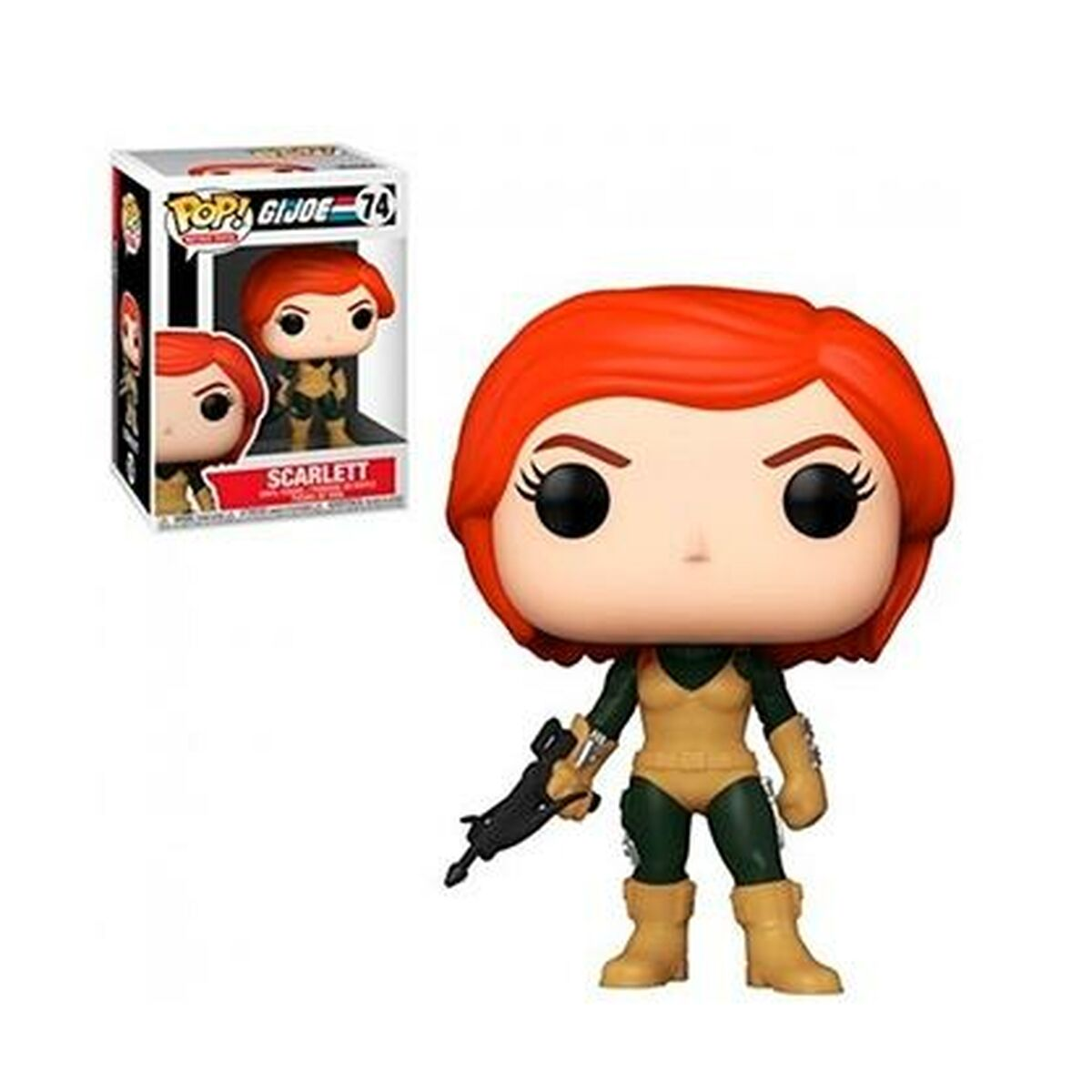 Figura Funko Pop di Scarlett con pistola in mano e scatola con immagine di Scarlett.