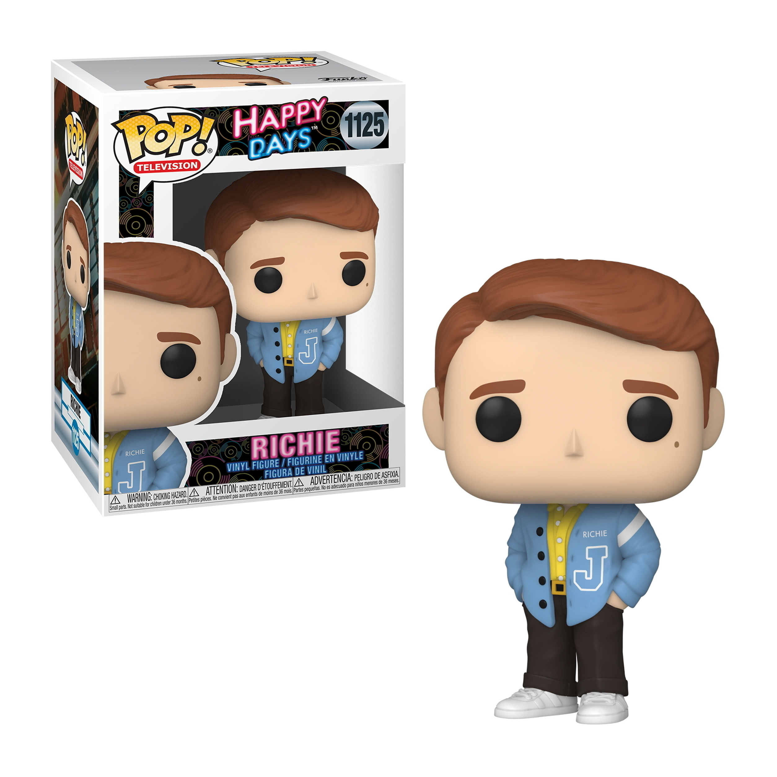 Funko Pop Figur von Richie Cunningham aus Happy Days in einer blauen Jacke.