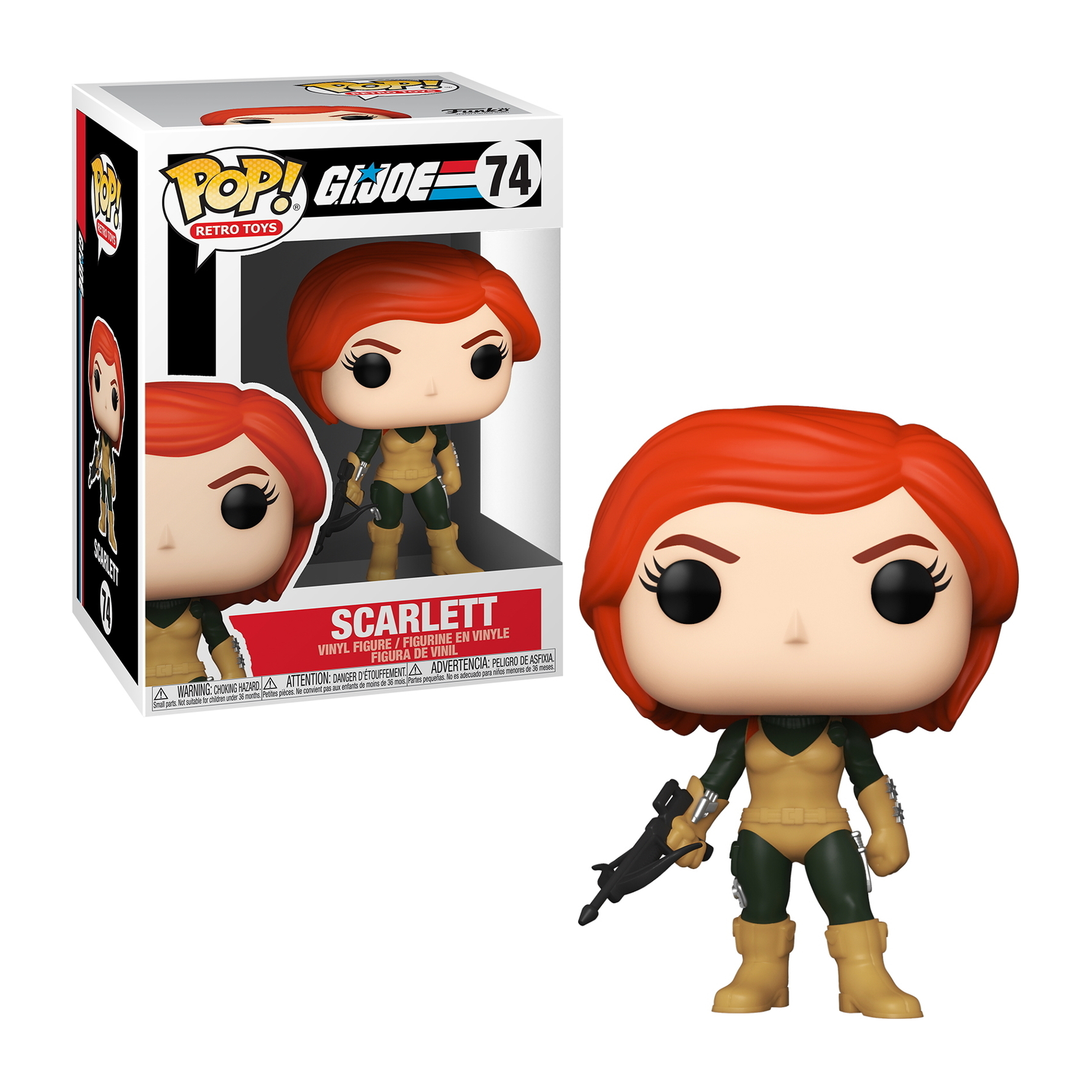 Figura di Scarlett di G.I. Joe, capelli rossi, che tiene una pistola. Indossa un completo verde e beige. Sfondo bianco.