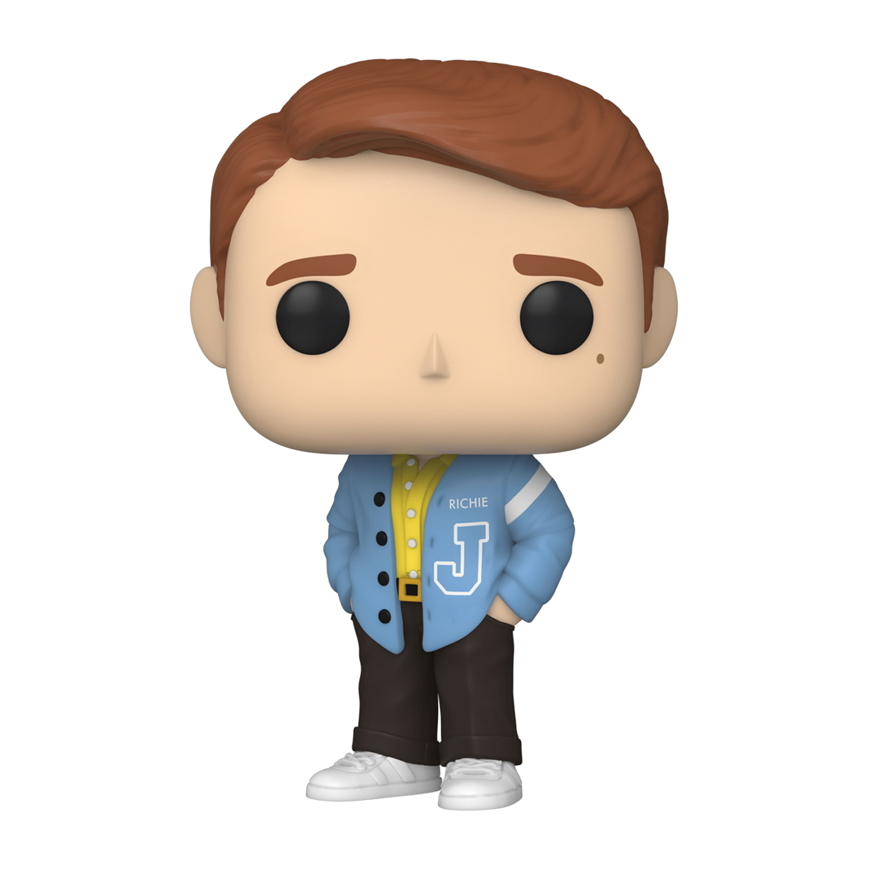 Funko Pop Figur eines Mannes in blauer Jacke mit 'J'. Er hat braune Haare und weiße Turnschuhe.
