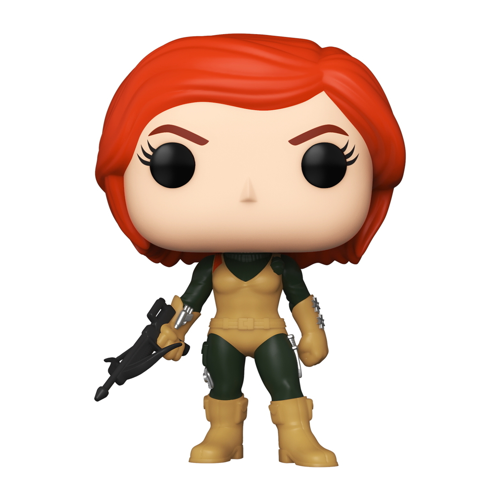 Figura femminile in tuta verde e gialla, che tiene una pistola nera.