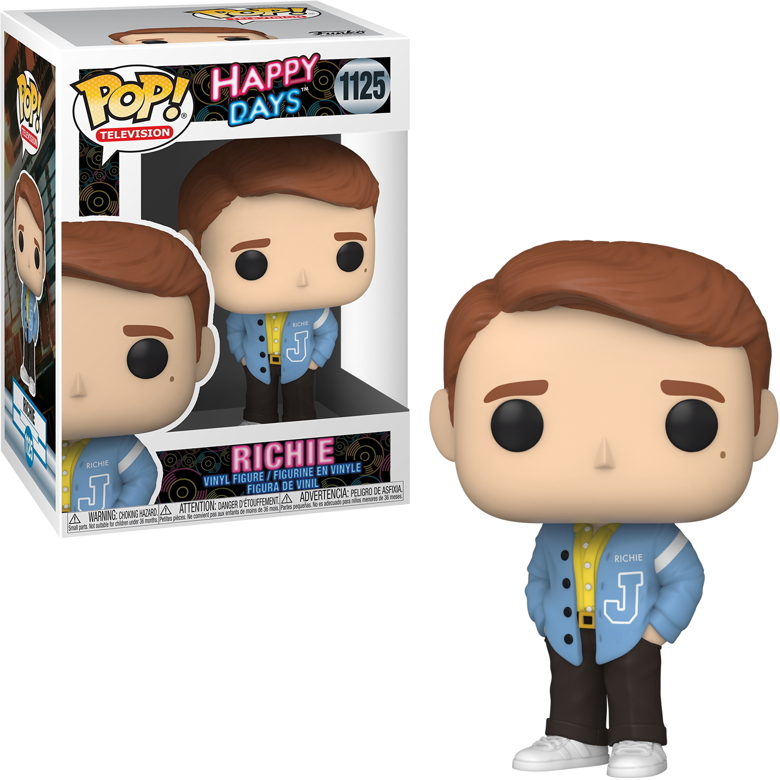 Funko Pop Figur eines Mannes in einer blauen Jacke mit dem Buchstaben J. Auf weißem Hintergrund verpackt.