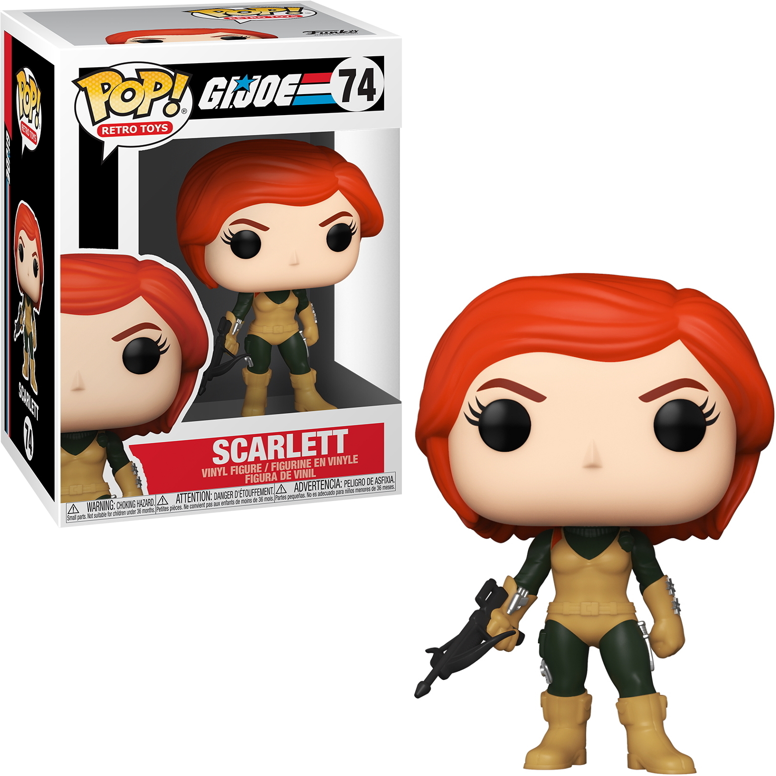 Figura di Scarlett G.I. Joe in tuta gialla e capelli rossi, con una pistola. Scatola con figura visibile.