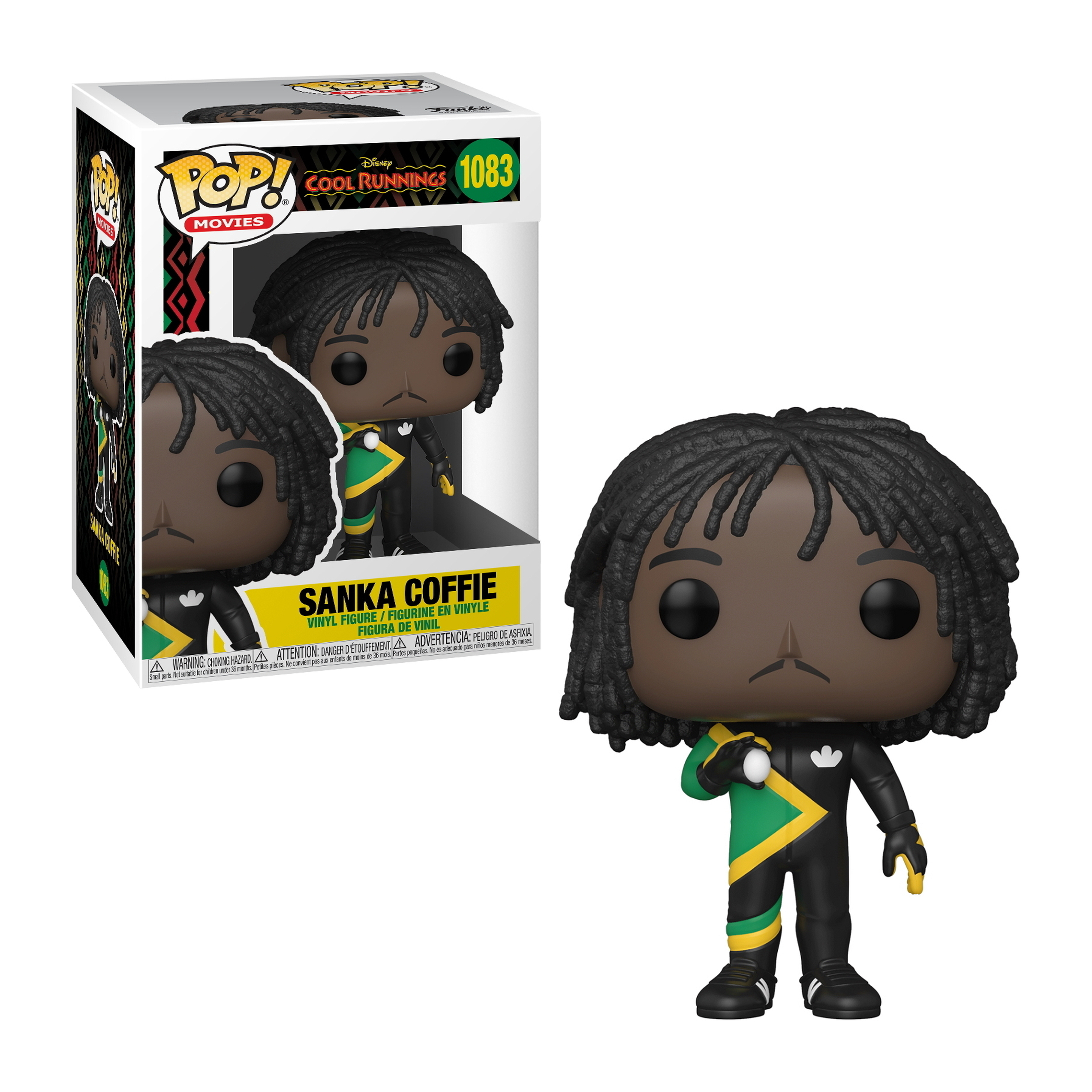 Figur eines Mannes mit Dreadlocks in einem schwarz-gr ünen Anzug. In einer Pop!-Box.
