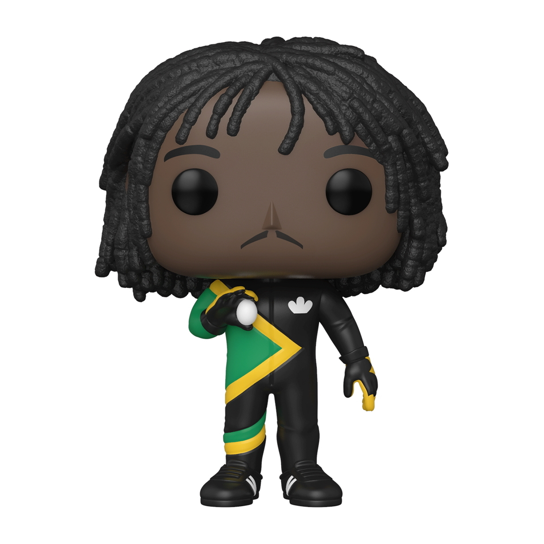 Schwarze Figur mit Dreadlocks, jamaikanischen Farben. Trägt einen Anzug mit einem weißen Ball. Schwarzer Hintergrund.