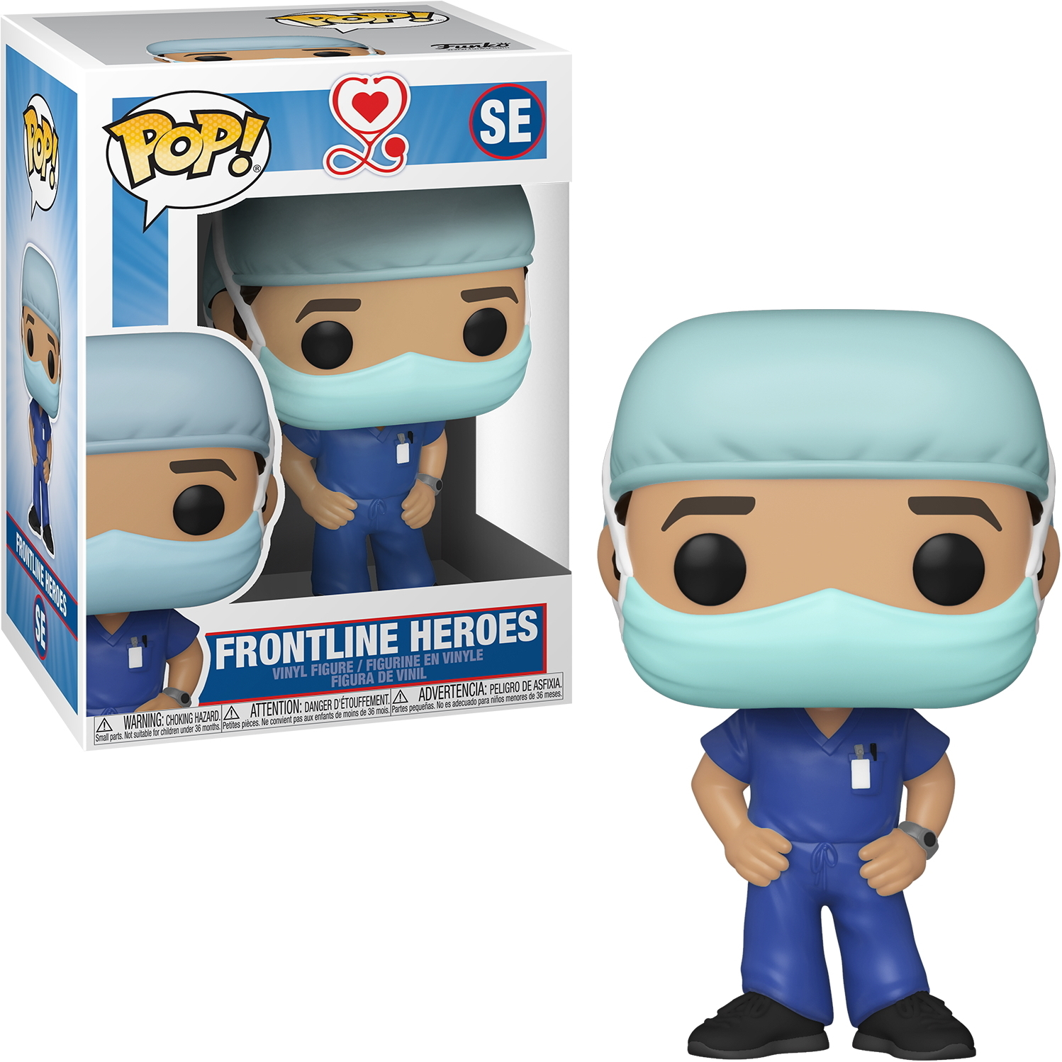 Arzt Funko Pop in OP-Kleidung und Maske, posiert mit verschränkten Armen, mit einer Box im Hintergrund.