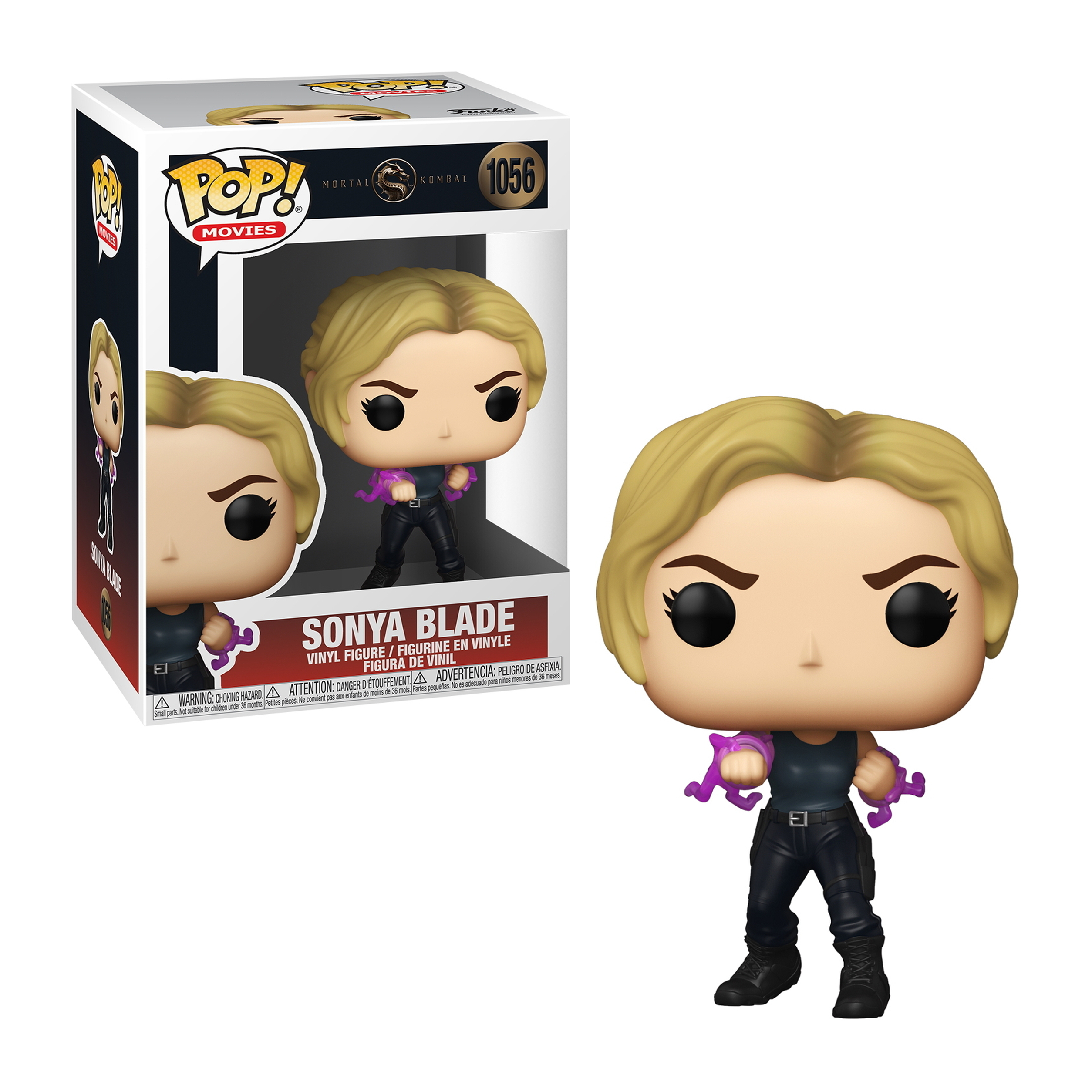 Funko Pop! Sonyi Blade z Mortal Kombat, trzymająca fioletową energię, w pudełku.