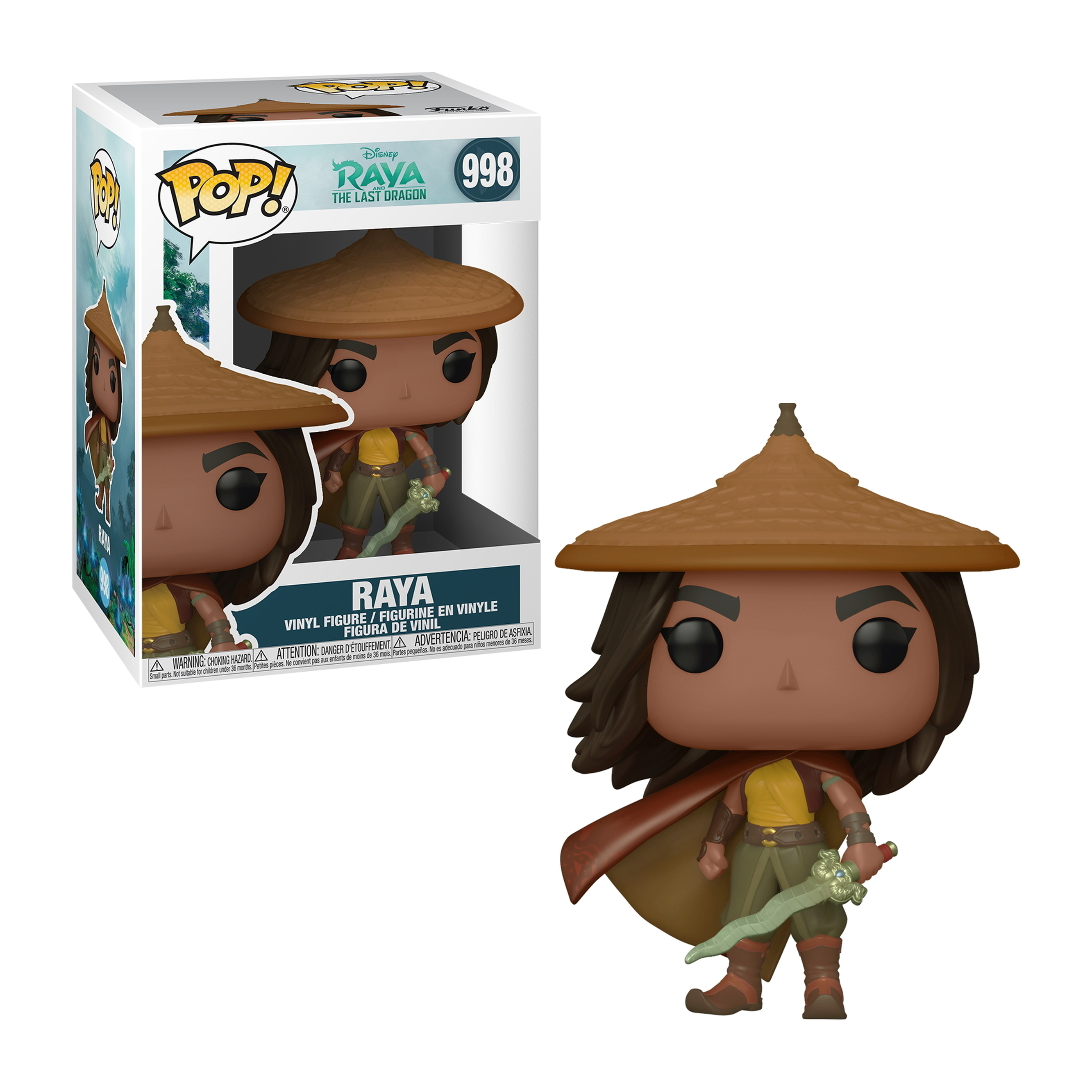 Raya-Figur mit braunem Hut und Umhang. Sie hält ein grünes Schwert und hat braune Haare.