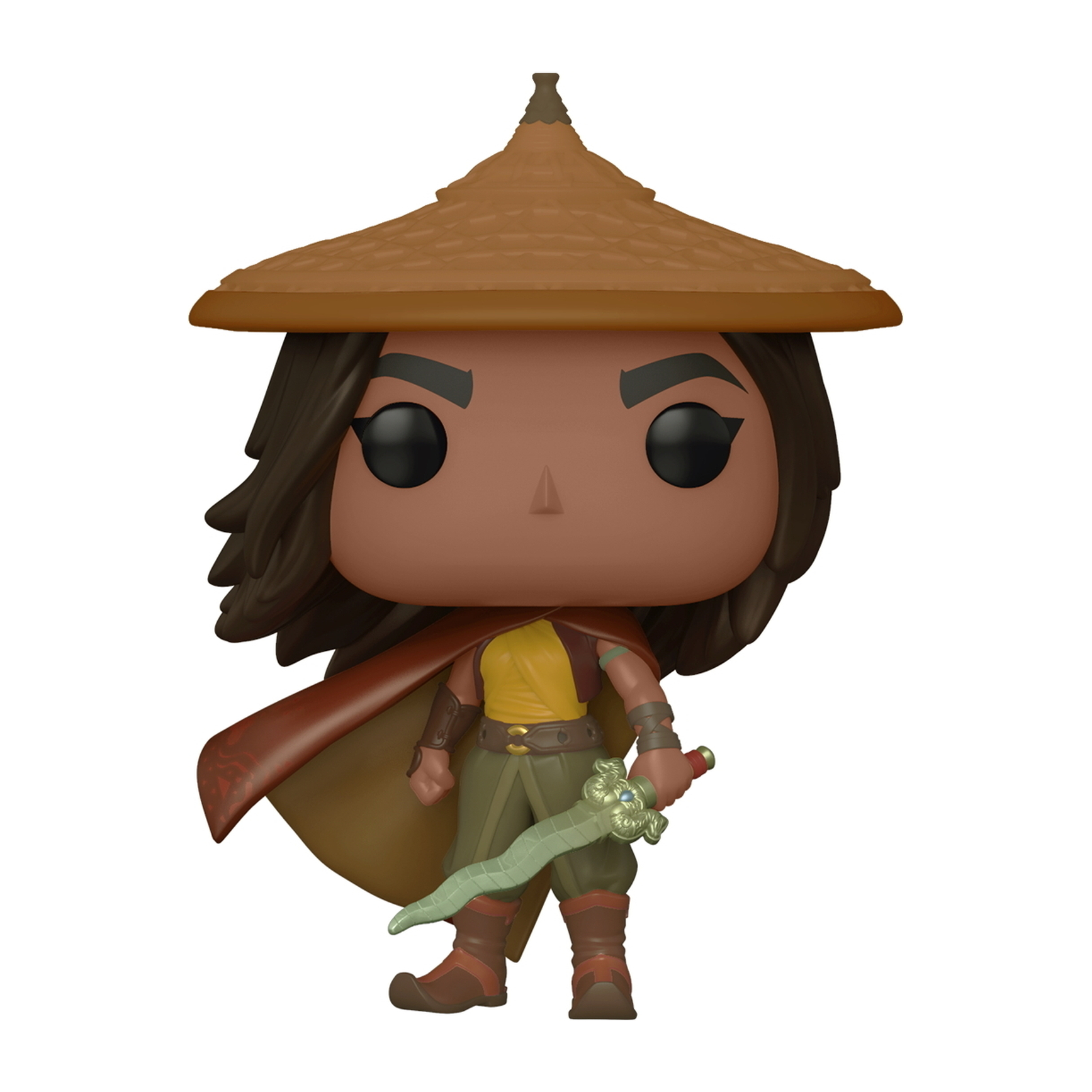 Raya Pop-Figur mit braunem Hut, Umhang und Schwert.