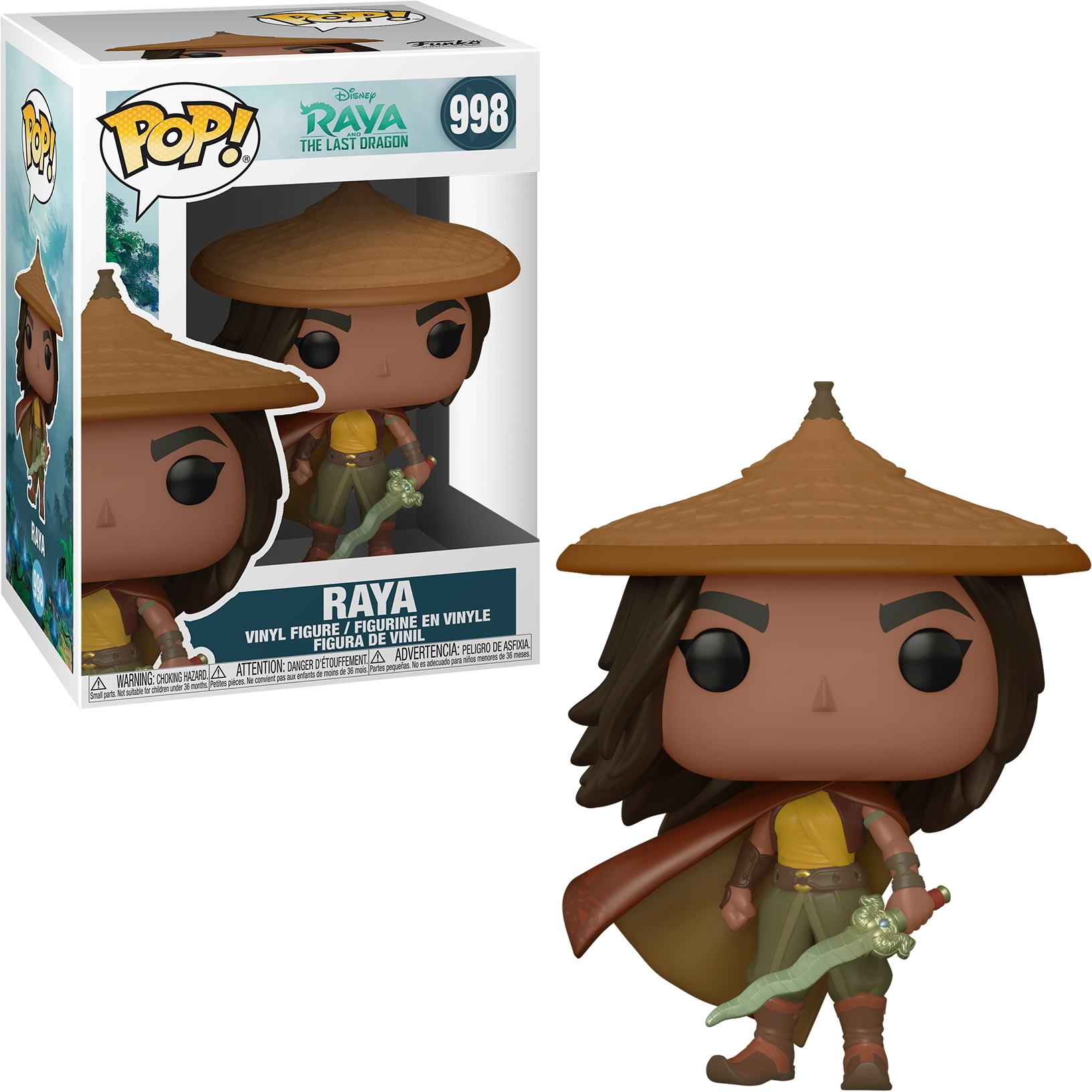 Raya Funko Pop Figur mit Hut, Umhang und Schwert.