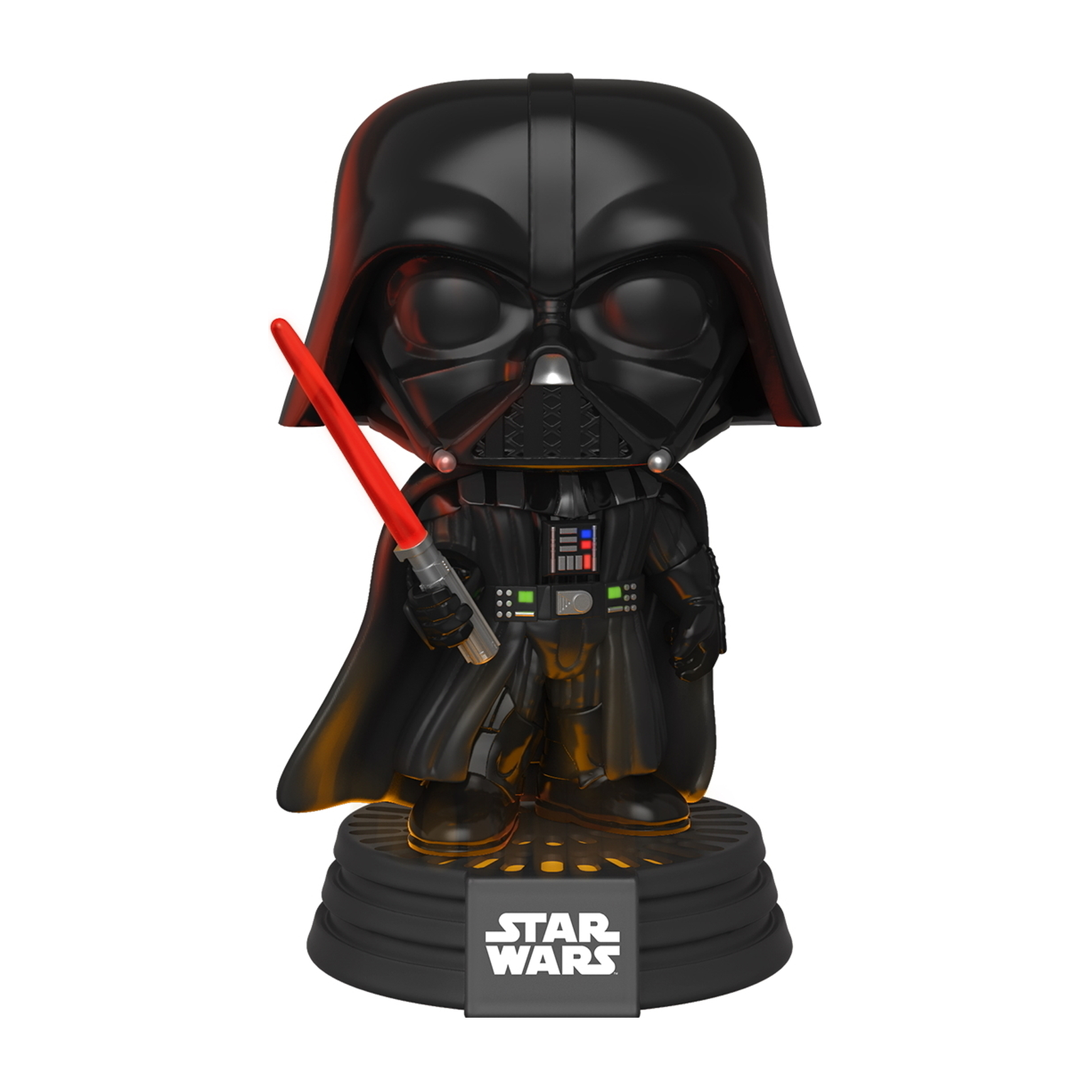 Eine Funko Pop Figur von Darth Vader mit einem roten Lichtschwert, auf einer Star Wars Basis.