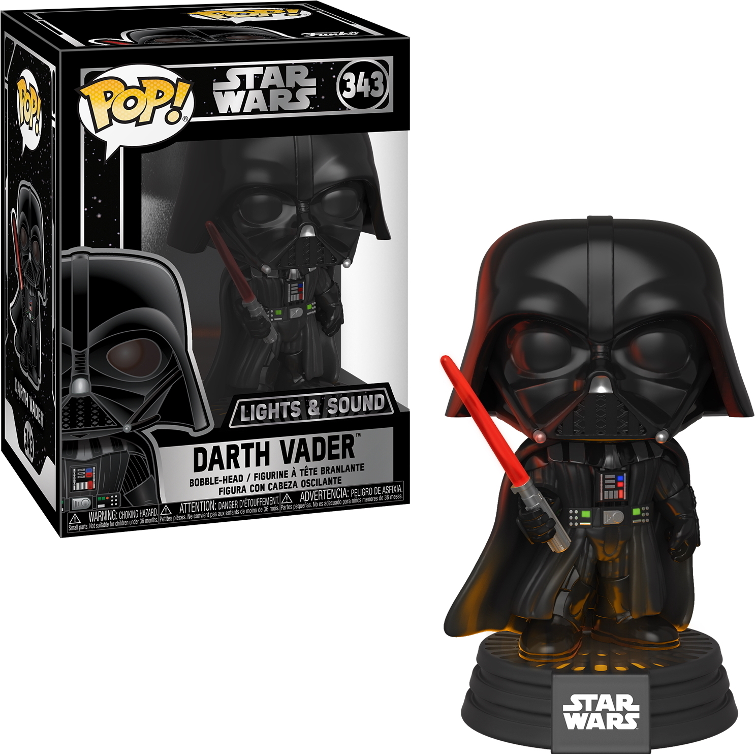 Darth Vader Funko Pop mit rotem Lichtschwert, aus Star Wars, mit beleuchtetem Sockel.