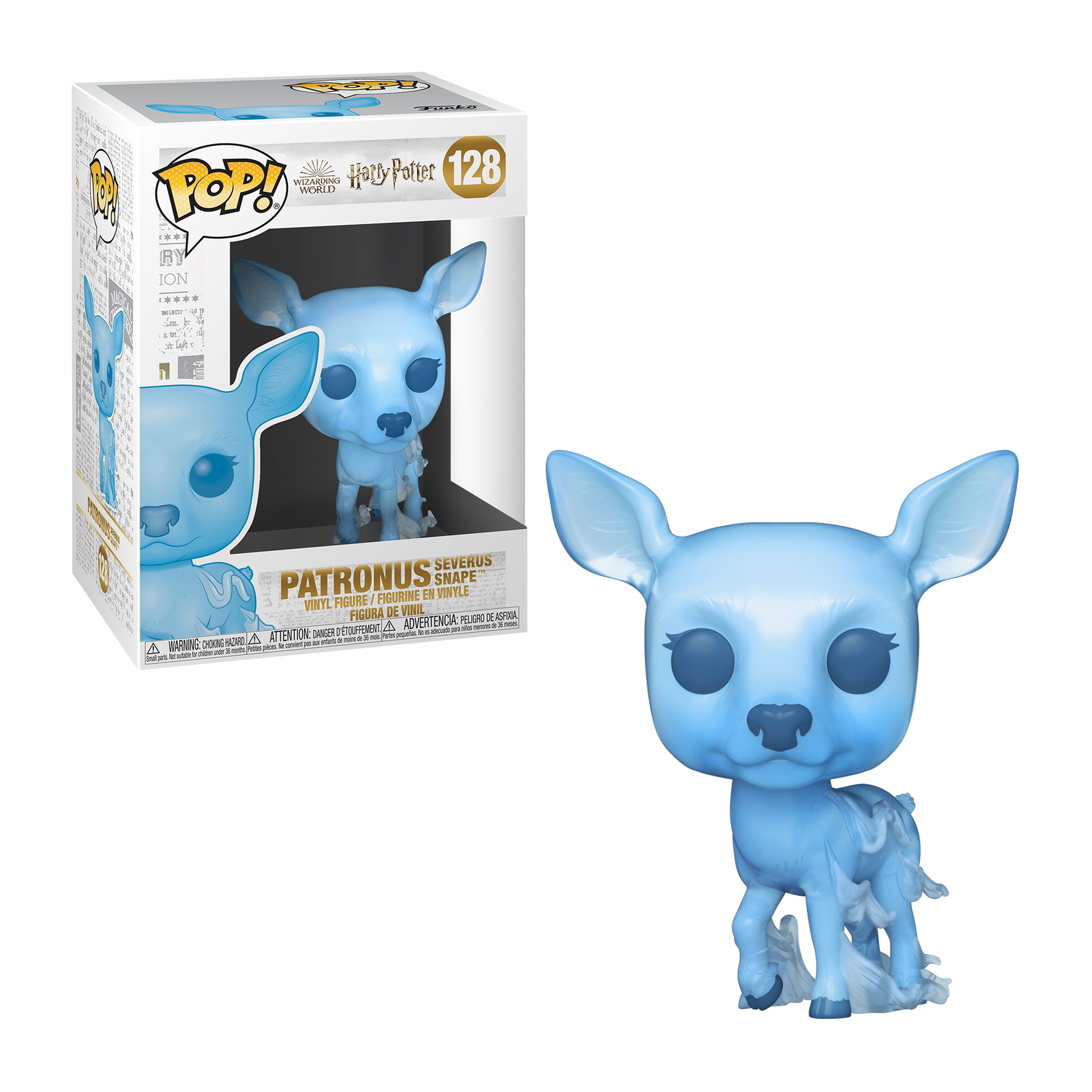 Patronus Snape Funko Pop Figur in der Box. Es ist ein blauer Hirsch mit einem hellblauen Leuchten.