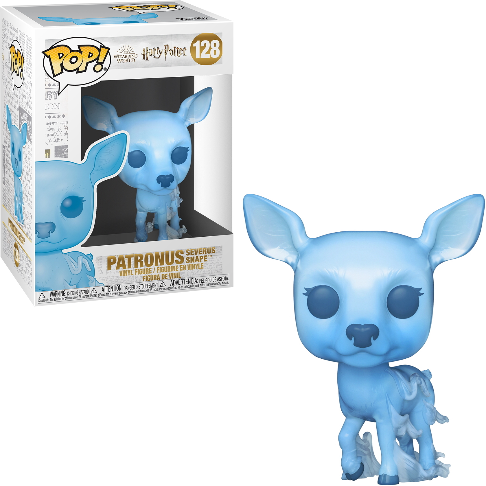 Eine blaue Patronus-Hirschfigur. Es hat große Ohren und ist durchscheinend.