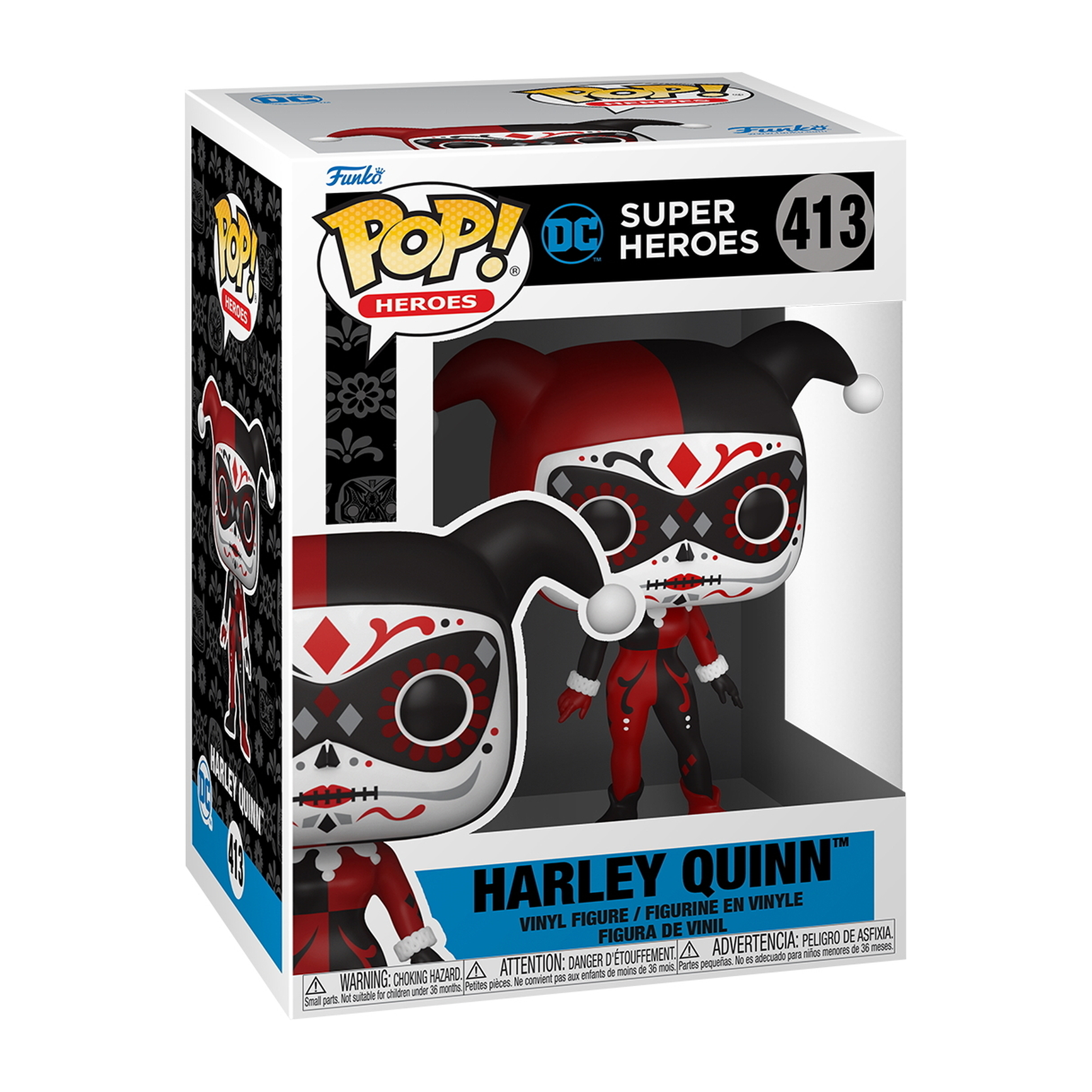 Funko Pop! Harley Quinn Figur in einer Box, in rotem und schwarzem Outfit.