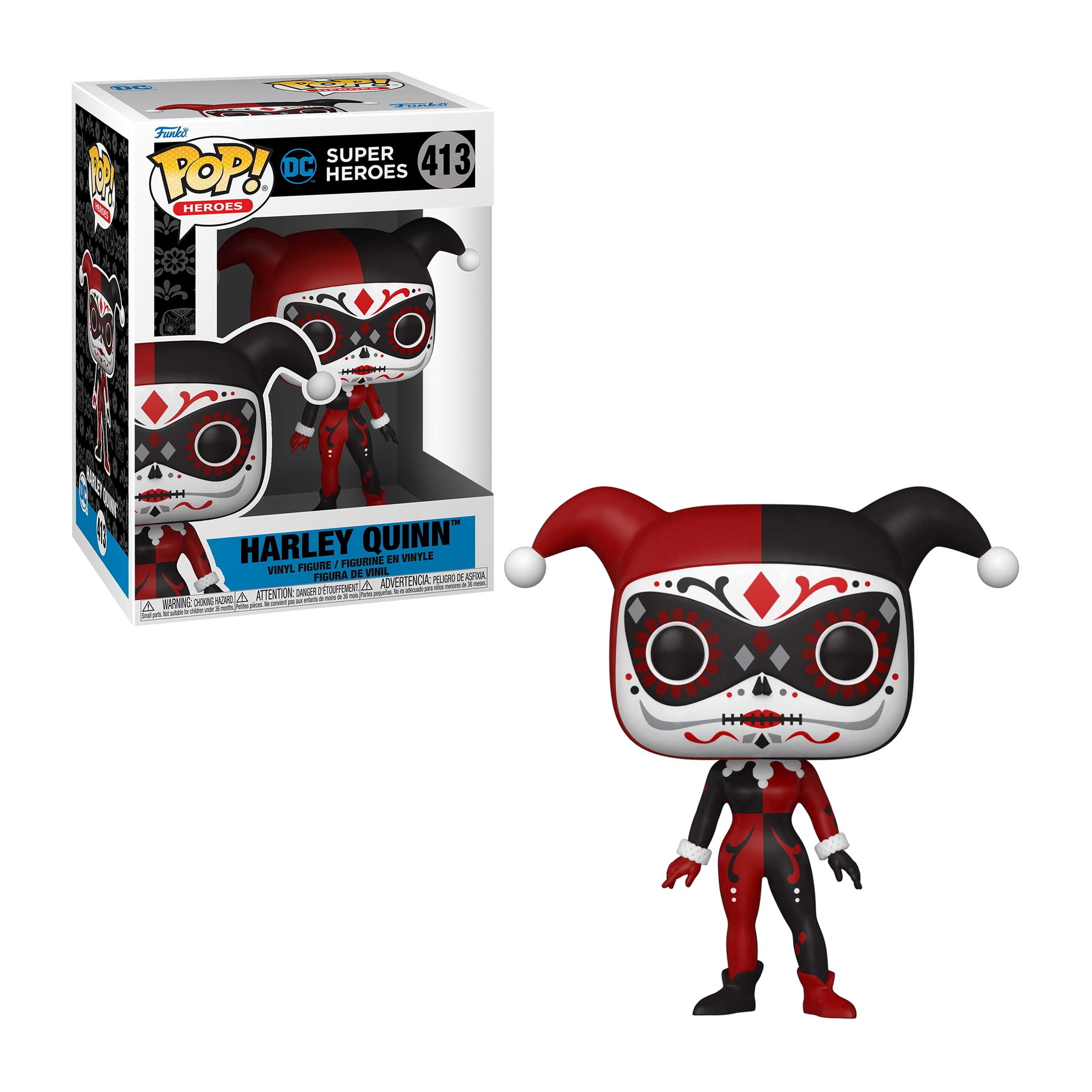 Harley Quinn Funko Pop Figur, trägt Totenkopfmaske, in rotem und schwarzem Outfit.