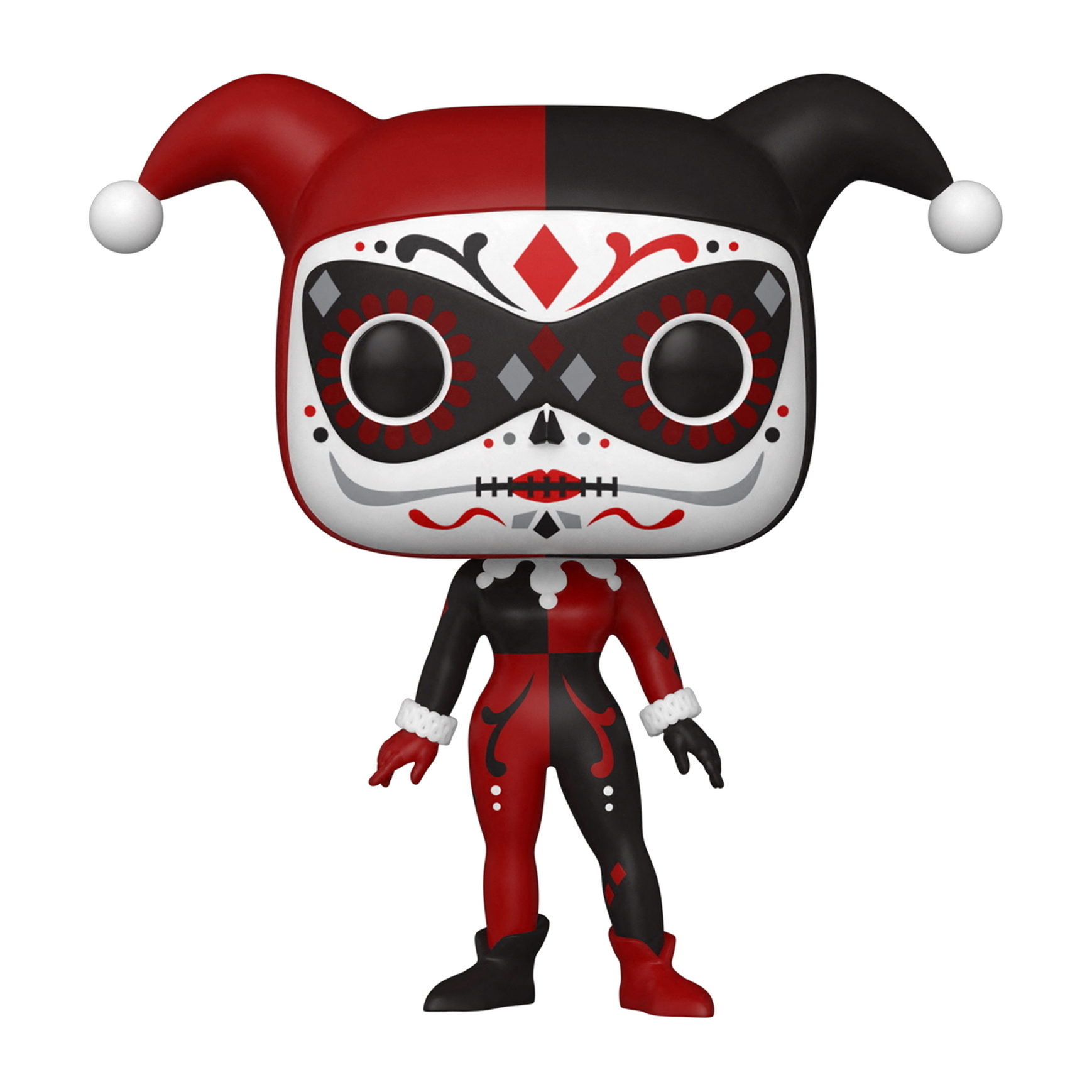 Harley Quinn Funko Pop Figur in rot-schwarzem Outfit, mit Totenkopfmaske und Zuckerschädel-Design.